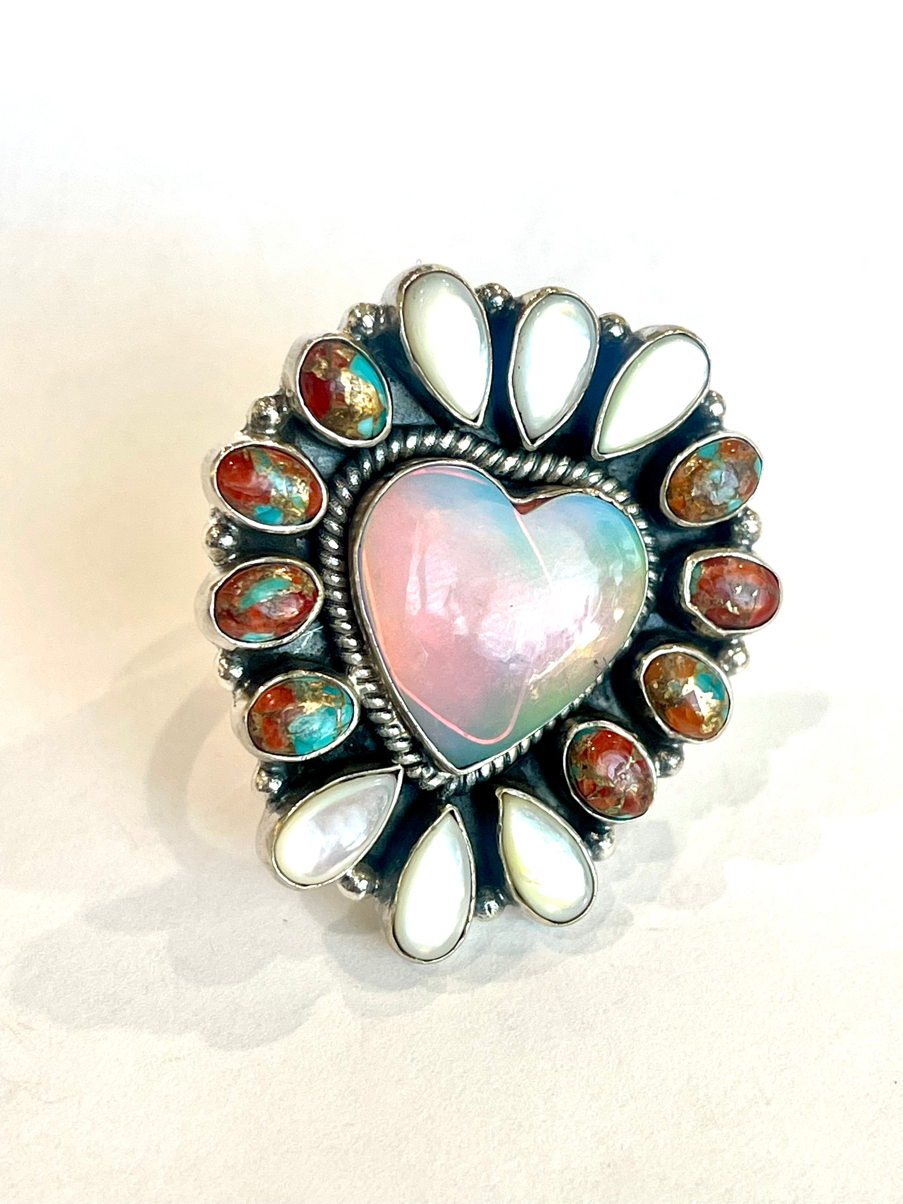 Handmade Opal, Mother Of Pearl, Mojave And Sterling Silver Adjustable Ring Signed Nizhoni