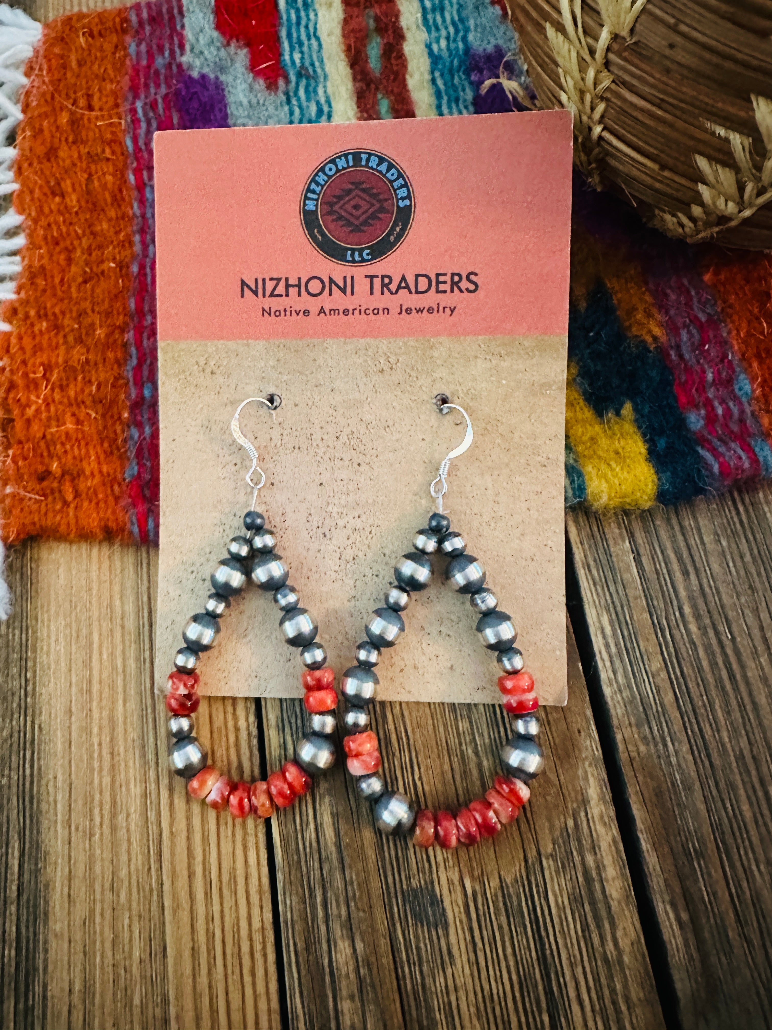 Handcrafted Spiny Oyster & Sterling Silver Beaded Dangle Hoop Earrings