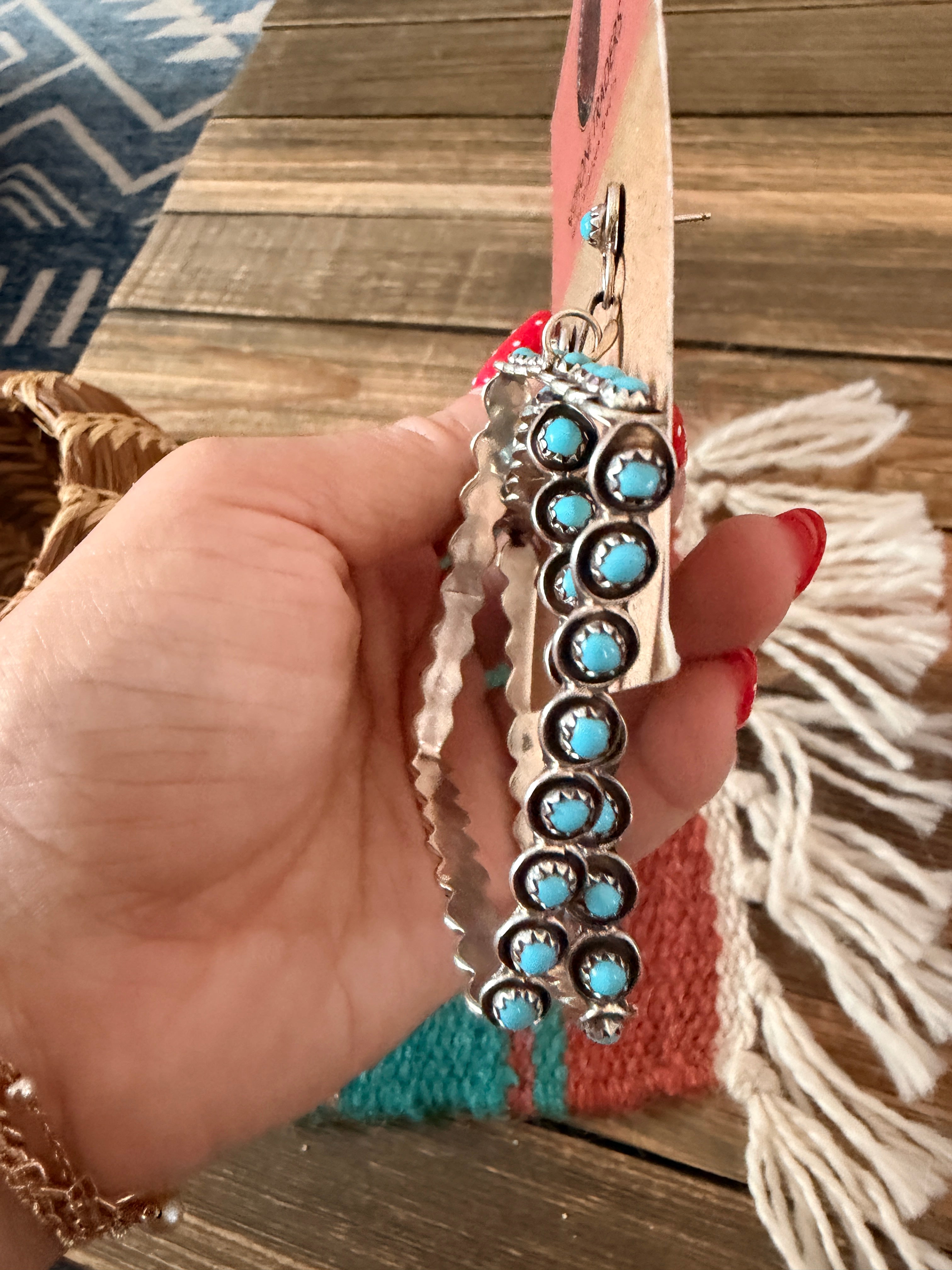 Handcrafted Turquoise & Sterling Silver Snake Eye Dangle Hoop Earrings