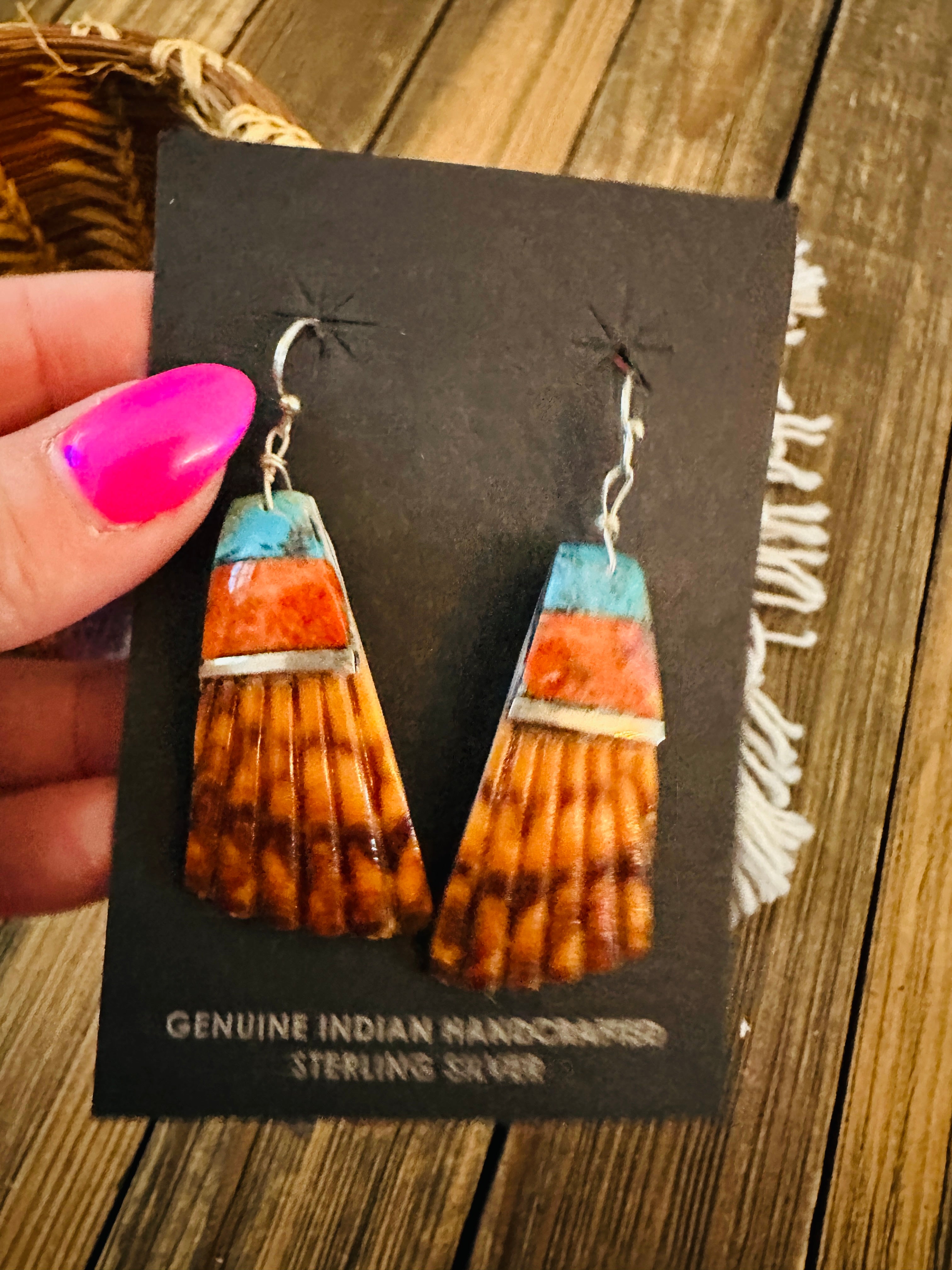 Handcrafted Multi Stone Inlay & Shell Dangle Earrings