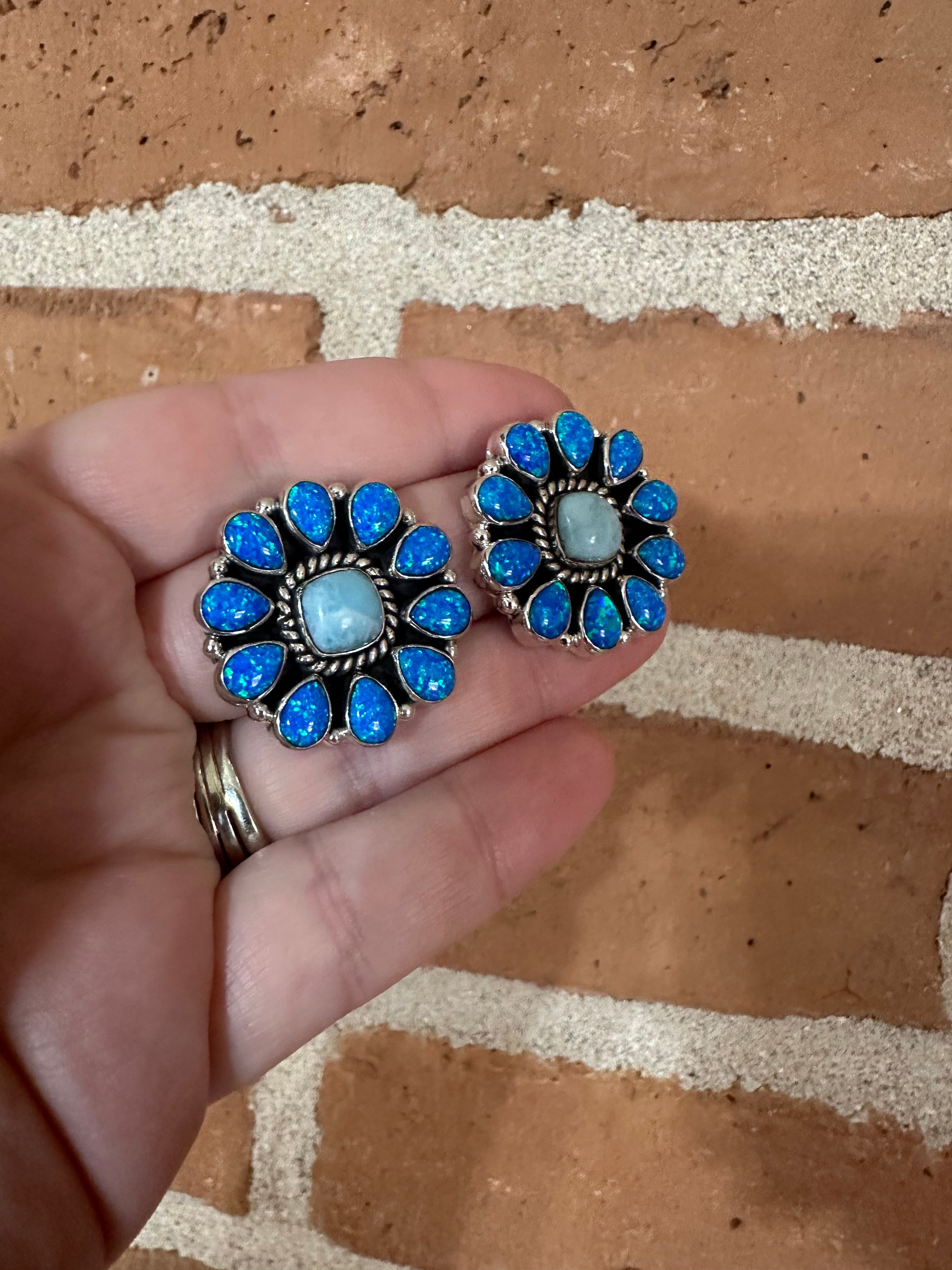 Handmade Blue Fire Opal, Larimar and Sterling Silver Earrings