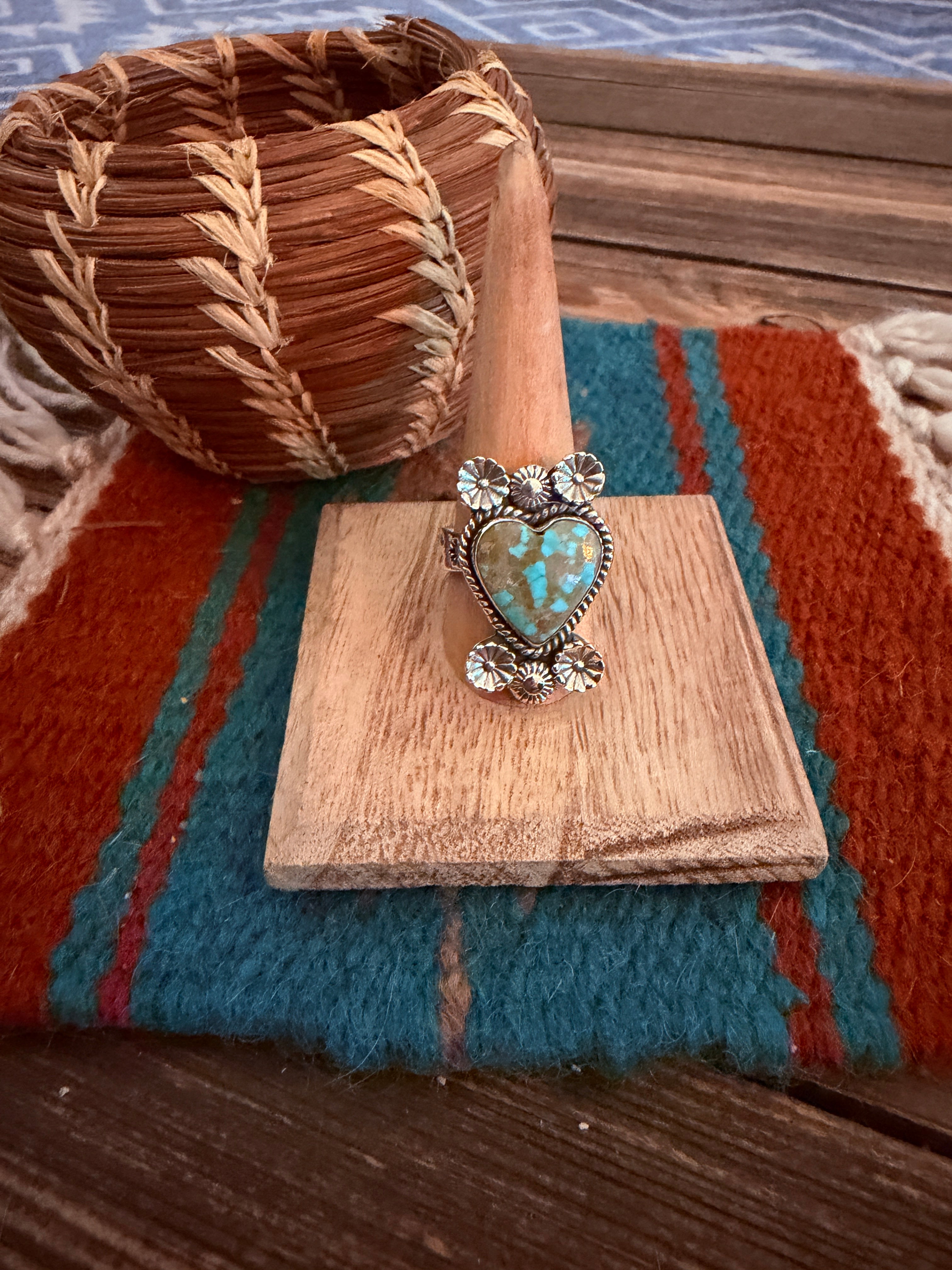 Handmade Sterling Silver Number 8 Turquoise Adjustable Heart Ring Signed Nizhoni