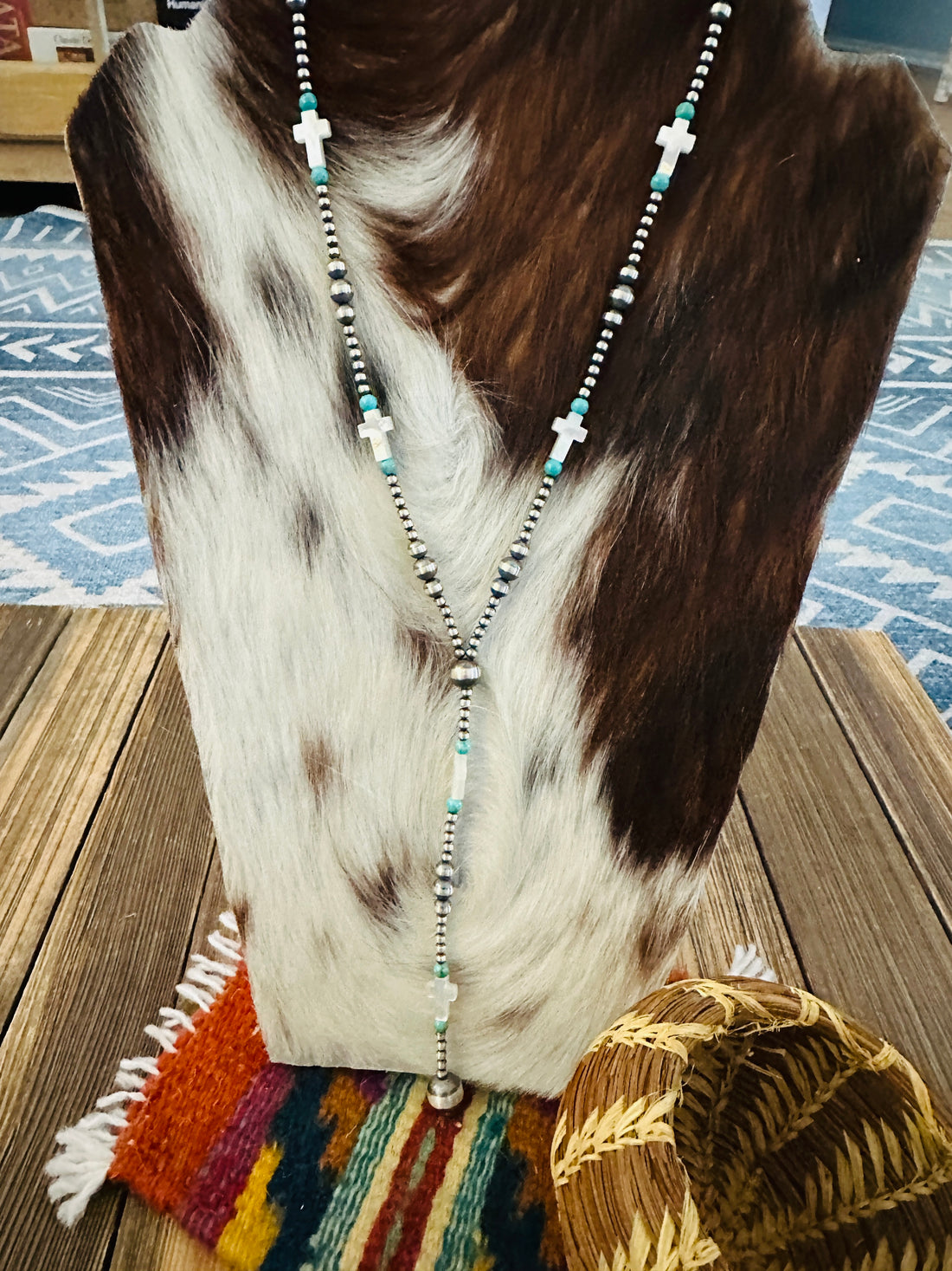 Handcrafted Turquoise, Mother of Pearl & Sterling Silver Pearl 20” Beaded Lariat Necklace