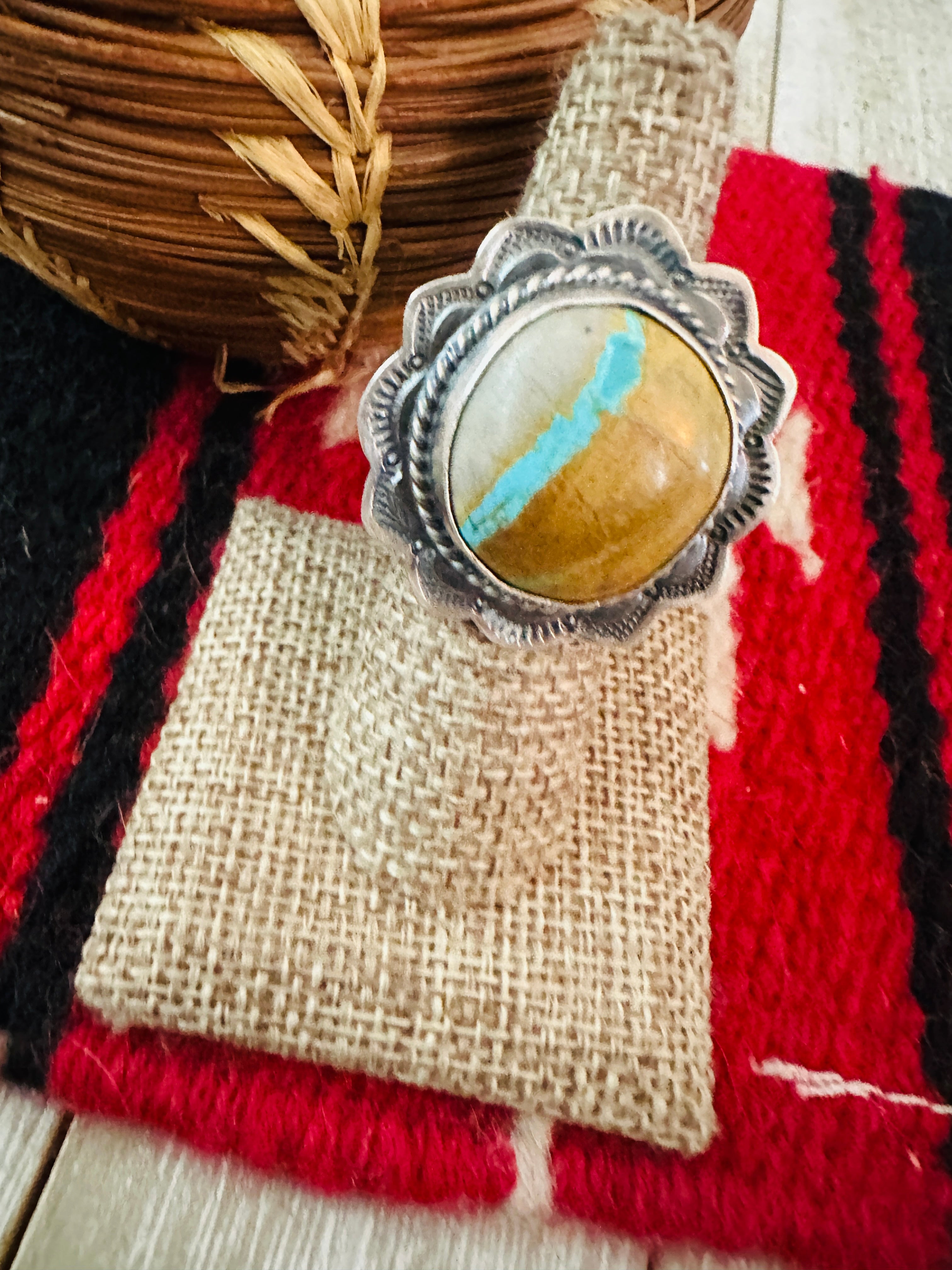 Handcrafted Ribbon Turquoise & Sterling Silver Ring Size 6.5