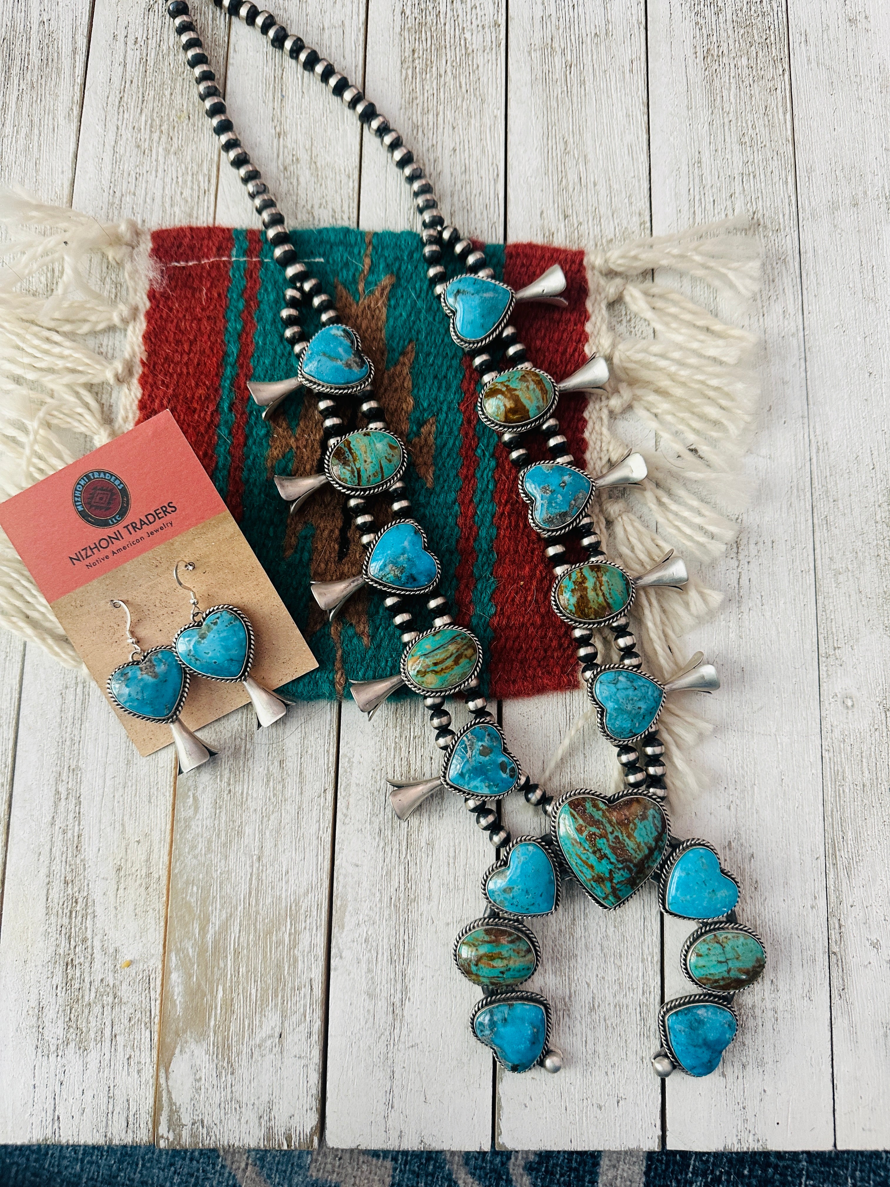 Navajo Golden Hills Turquoise & Sterling Silver Squash Blossom Necklace Set