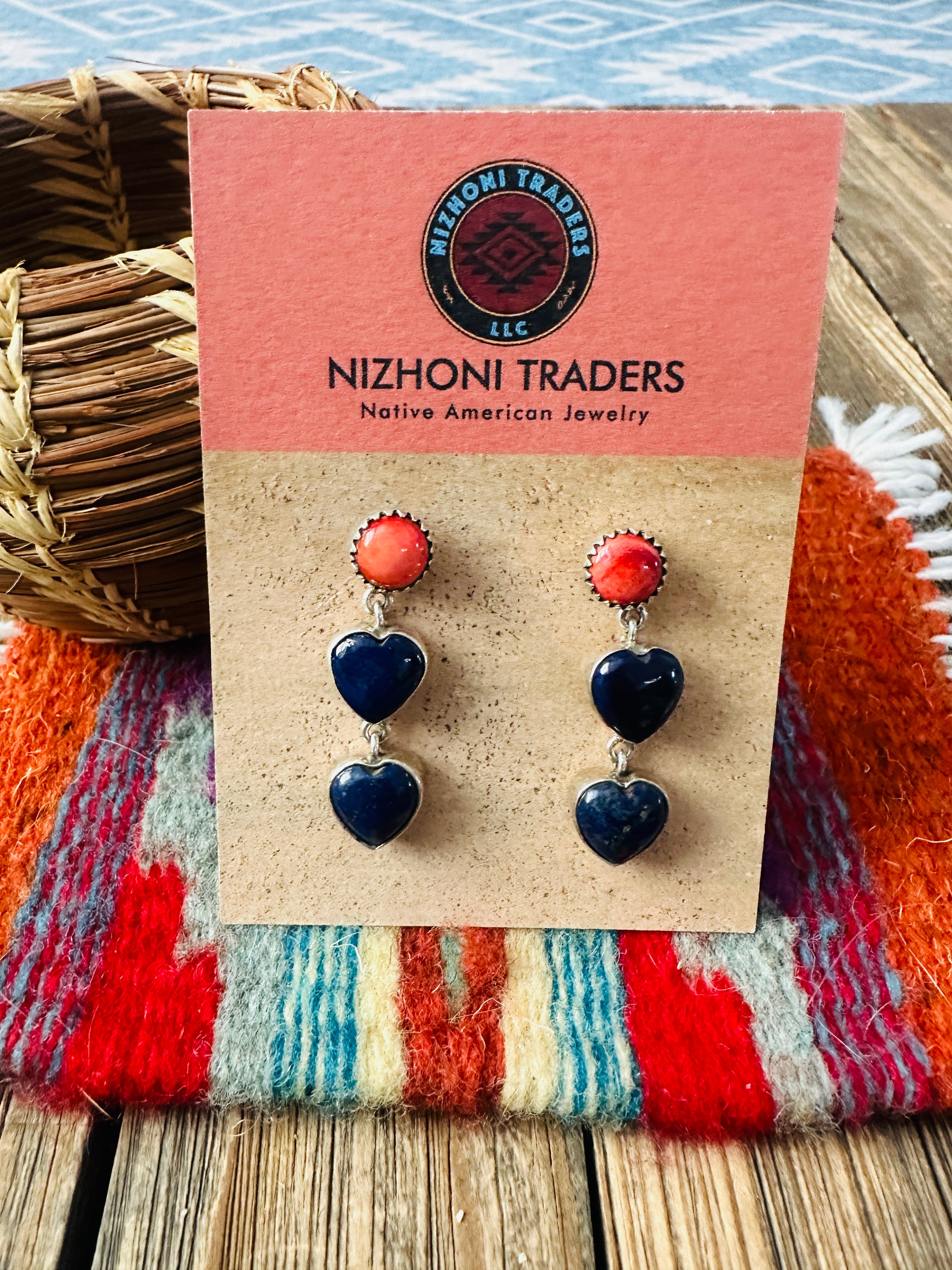 Handcrafted Lapis, Spiny & Sterling Silver Heart Dangle Earrings