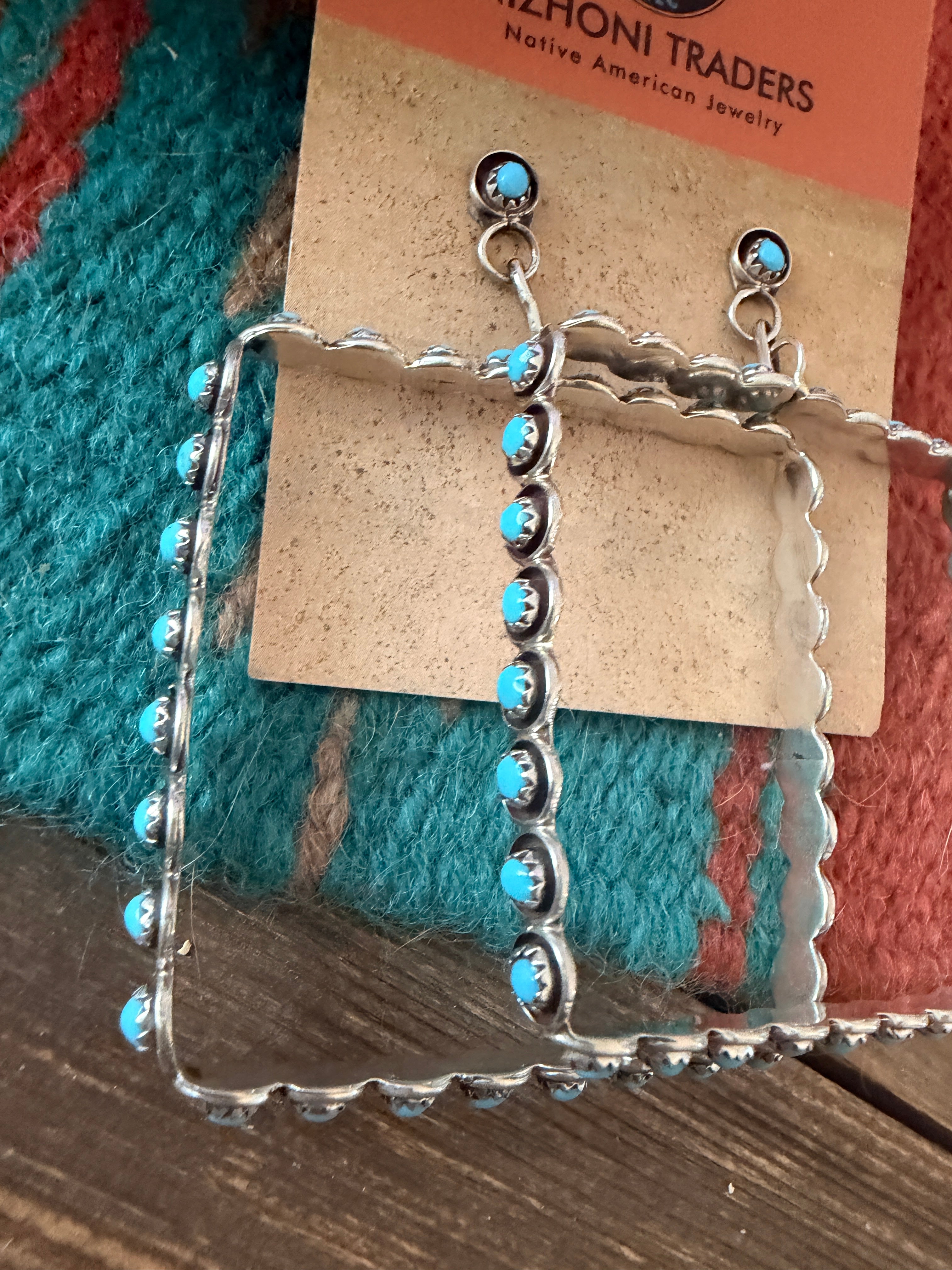Handcrafted Turquoise & Sterling Silver Snake Eye Dangle Hoop Earrings