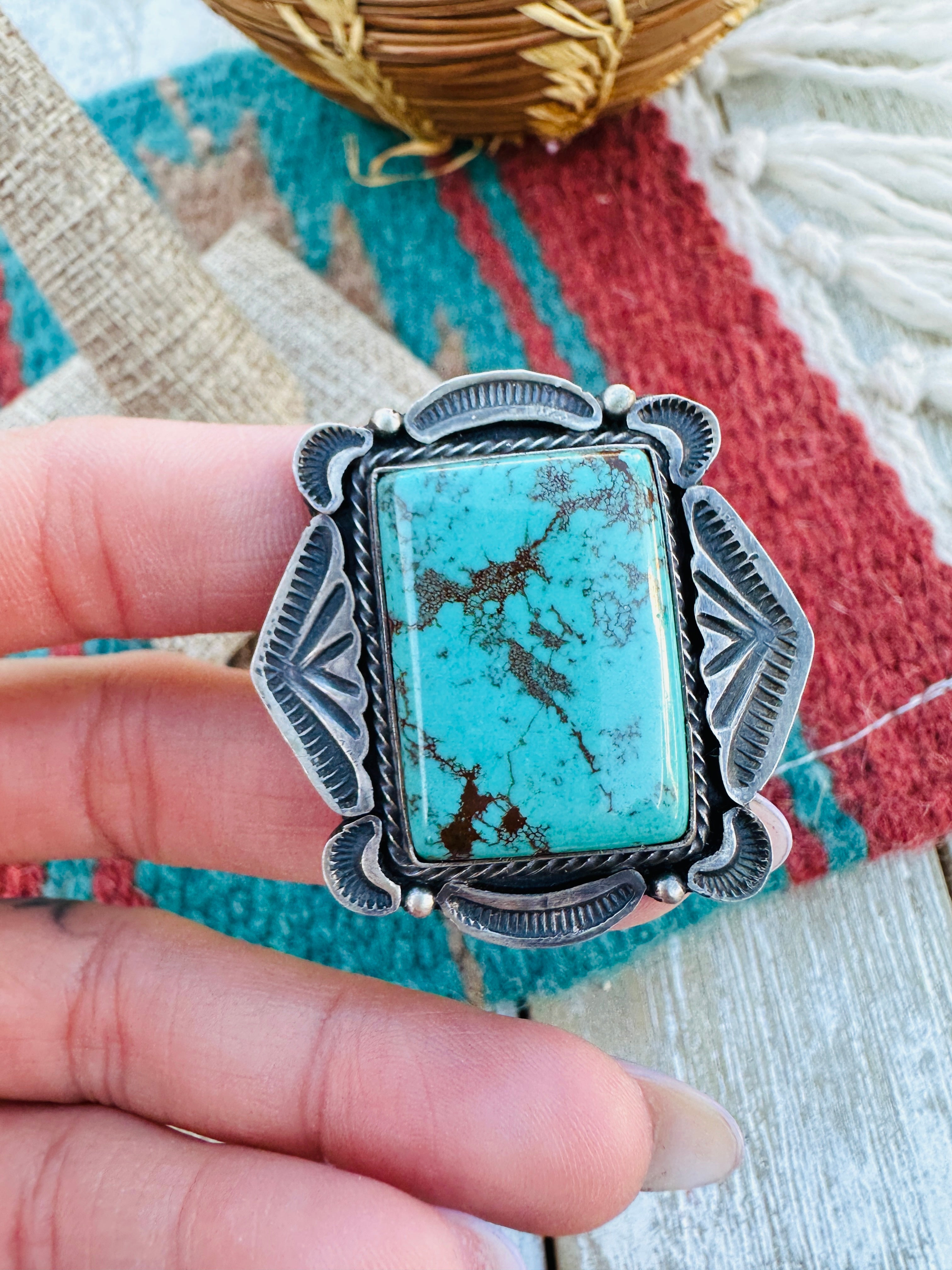 Hand Crafted Turquoise & Sterling Silver Ring Size 9 by Sheila Tso