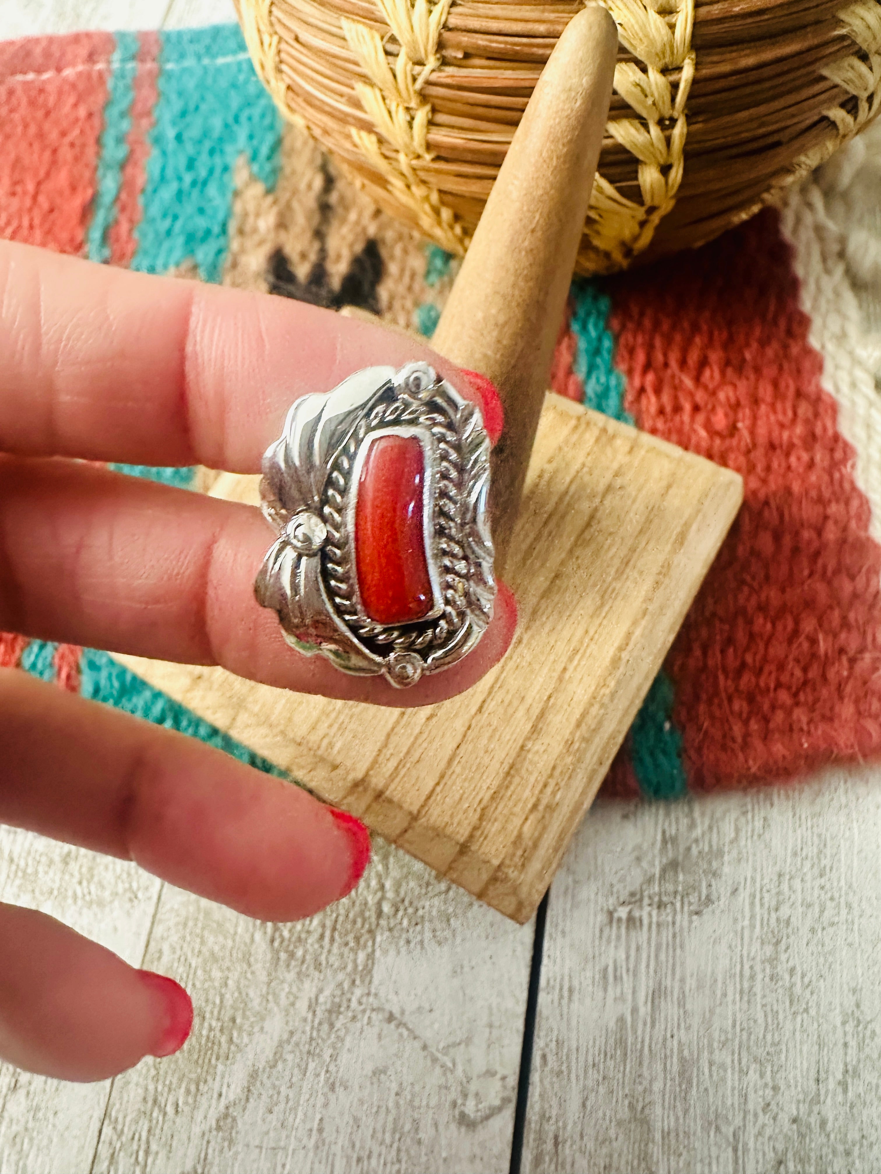 Navajo Coral & Sterling Silver Ring Size 6