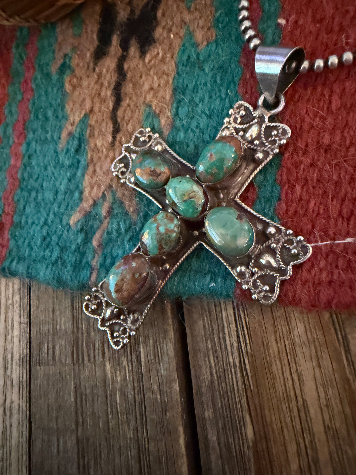 Old Pawn Handcrafted Turquoise and Sterling Silver Cross Pendant