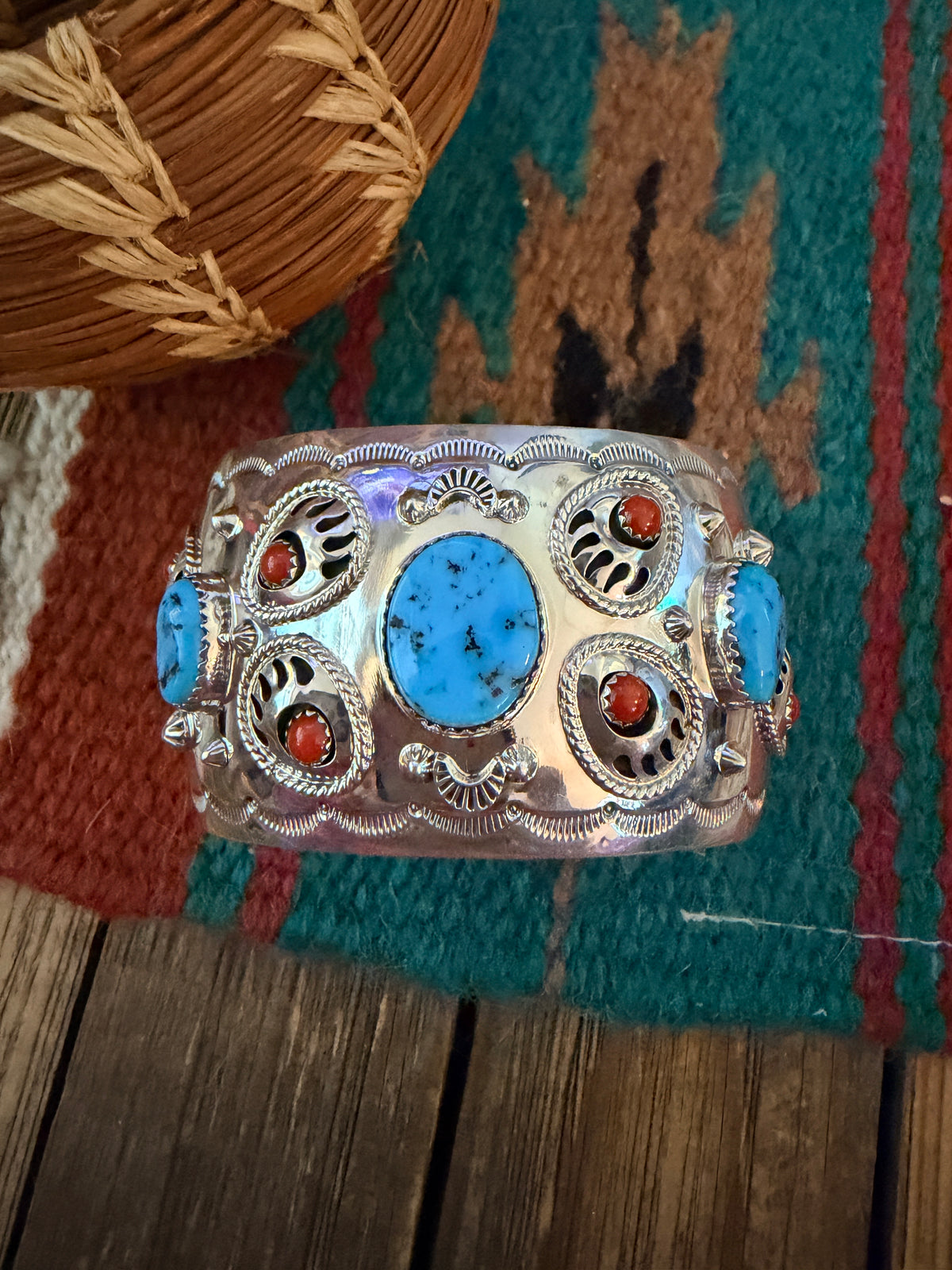 Handcrafted Old Pawn Turquoise, Coral & Sterling Silver Bear Paw Cuff Bracelet