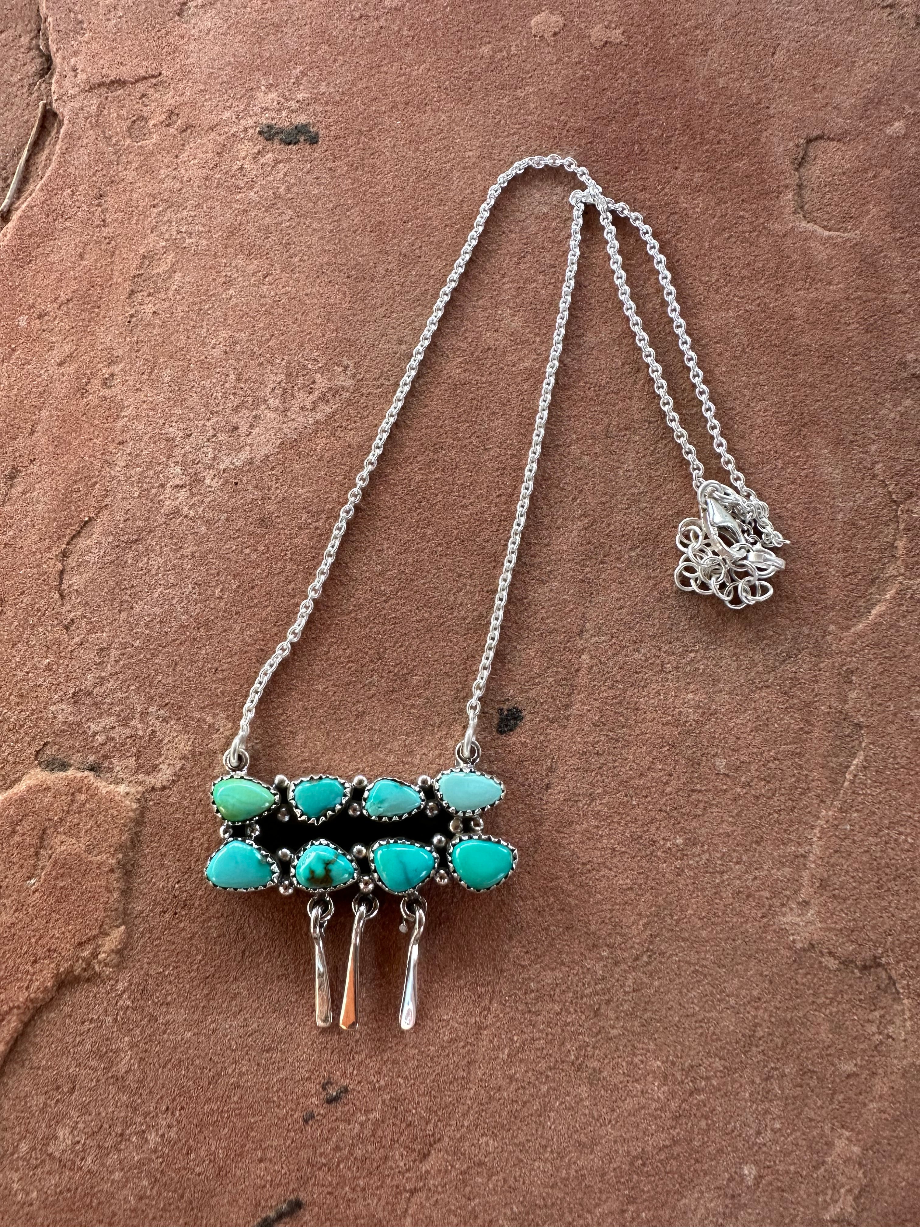 Handmade Sterling Silver & Sonoran South Hill Turquoise Bar Fringe Necklace