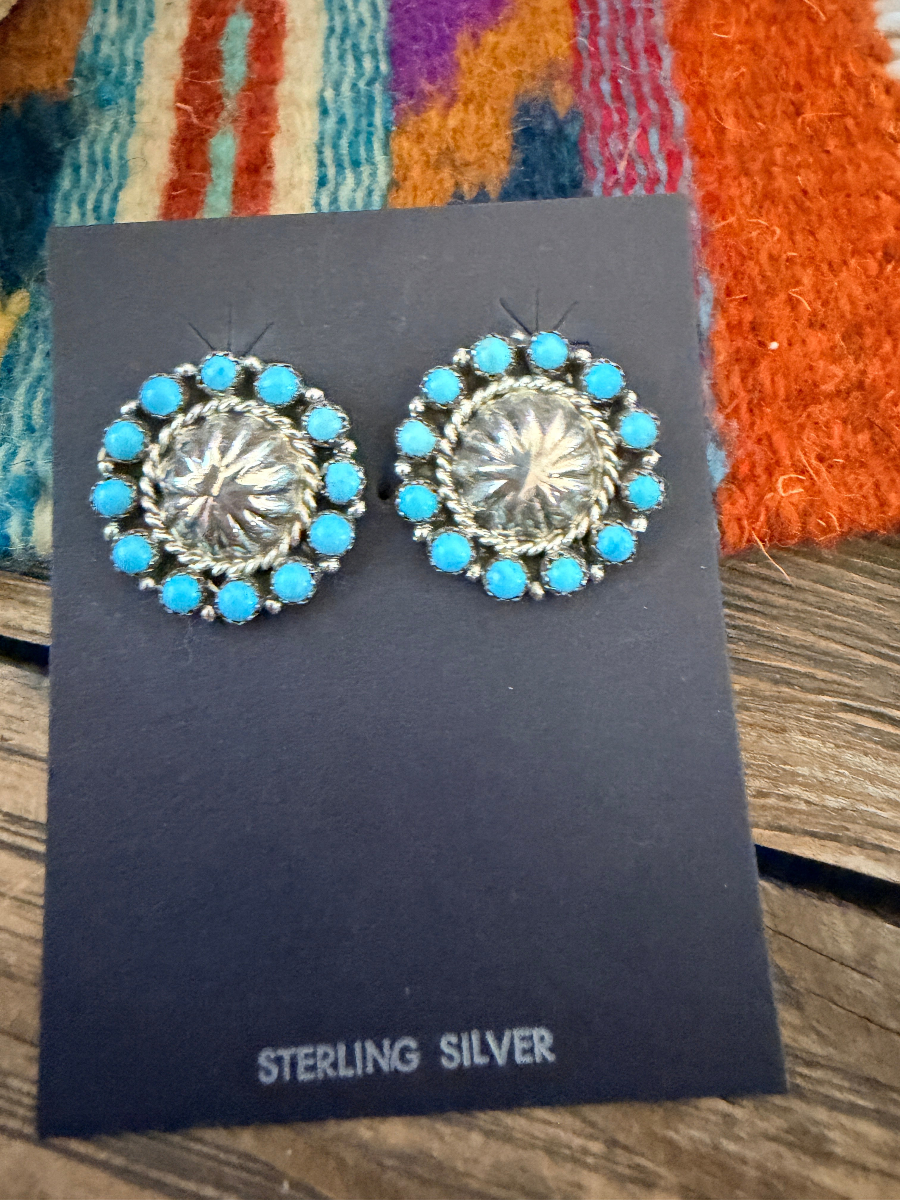 Handcrafted Old Pawn Sterling Silver & Turquoise Cluster Post Earrings