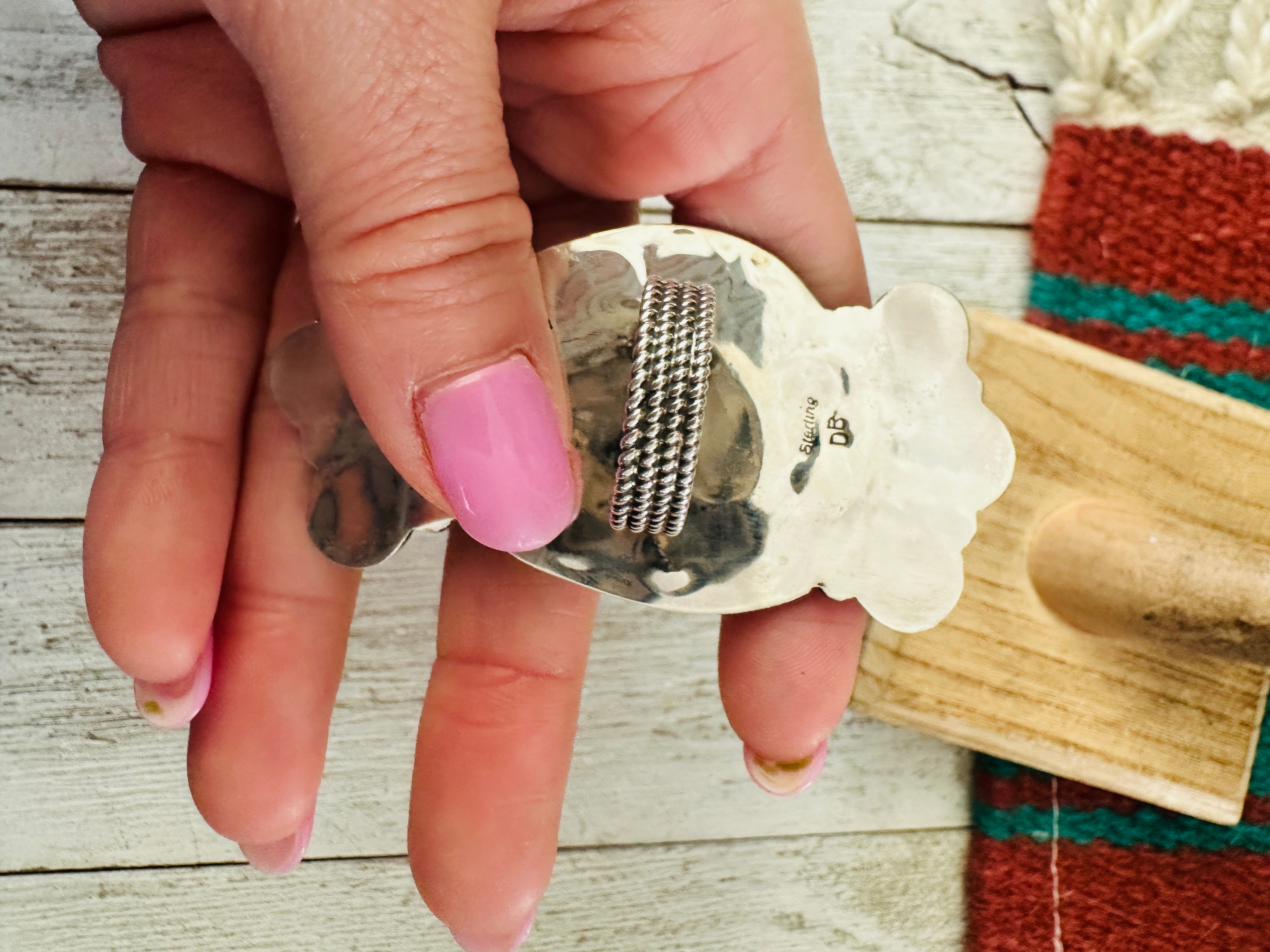 Navajo Sterling Silver, Mother of Pearl & Spiny Cluster Adjustable Ring