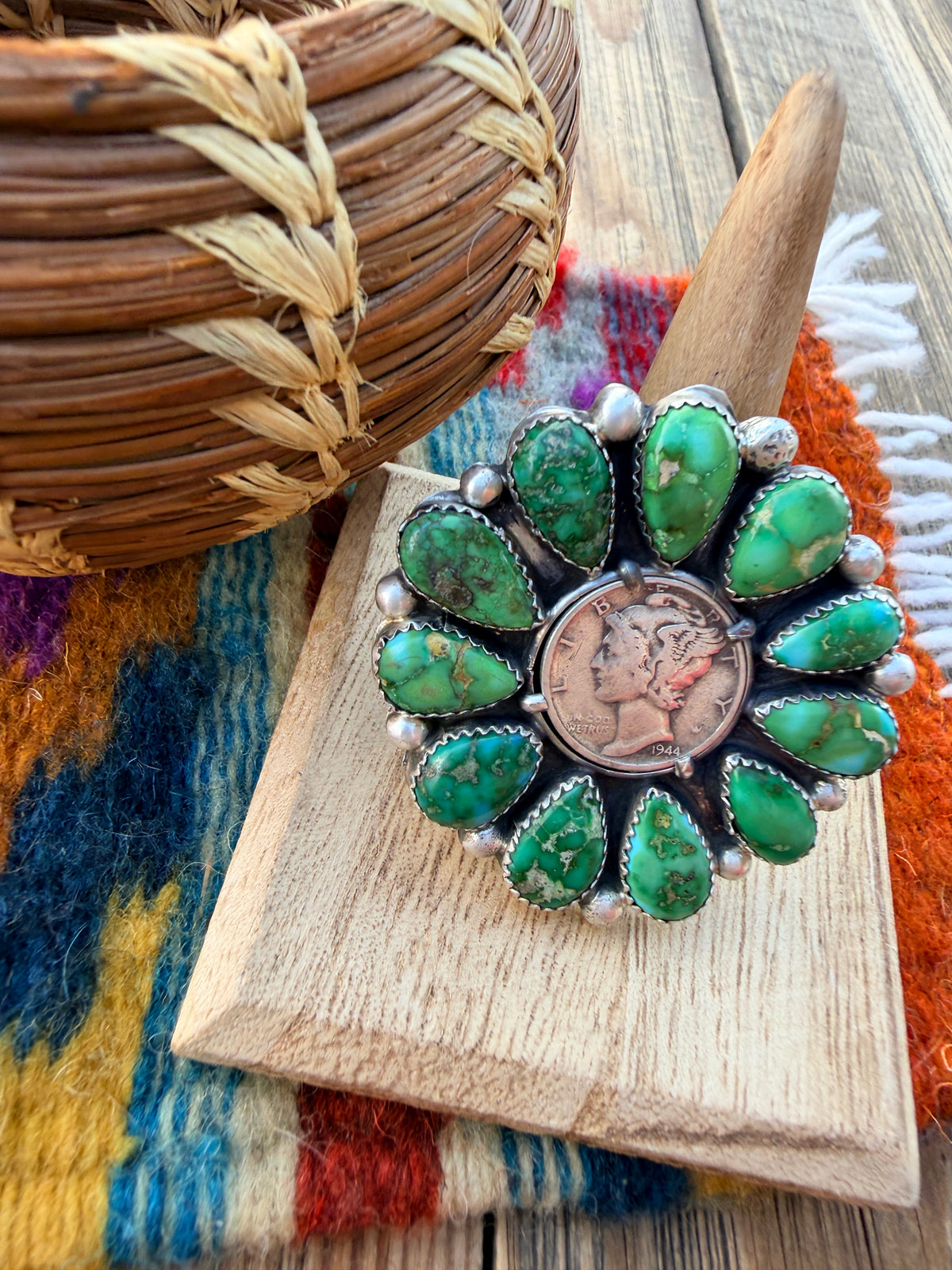 Handcrafted Sonoran Mountain Turquoise & Sterling Silver Liberty Dime Adjustable Ring by Michael Thomas Jr.