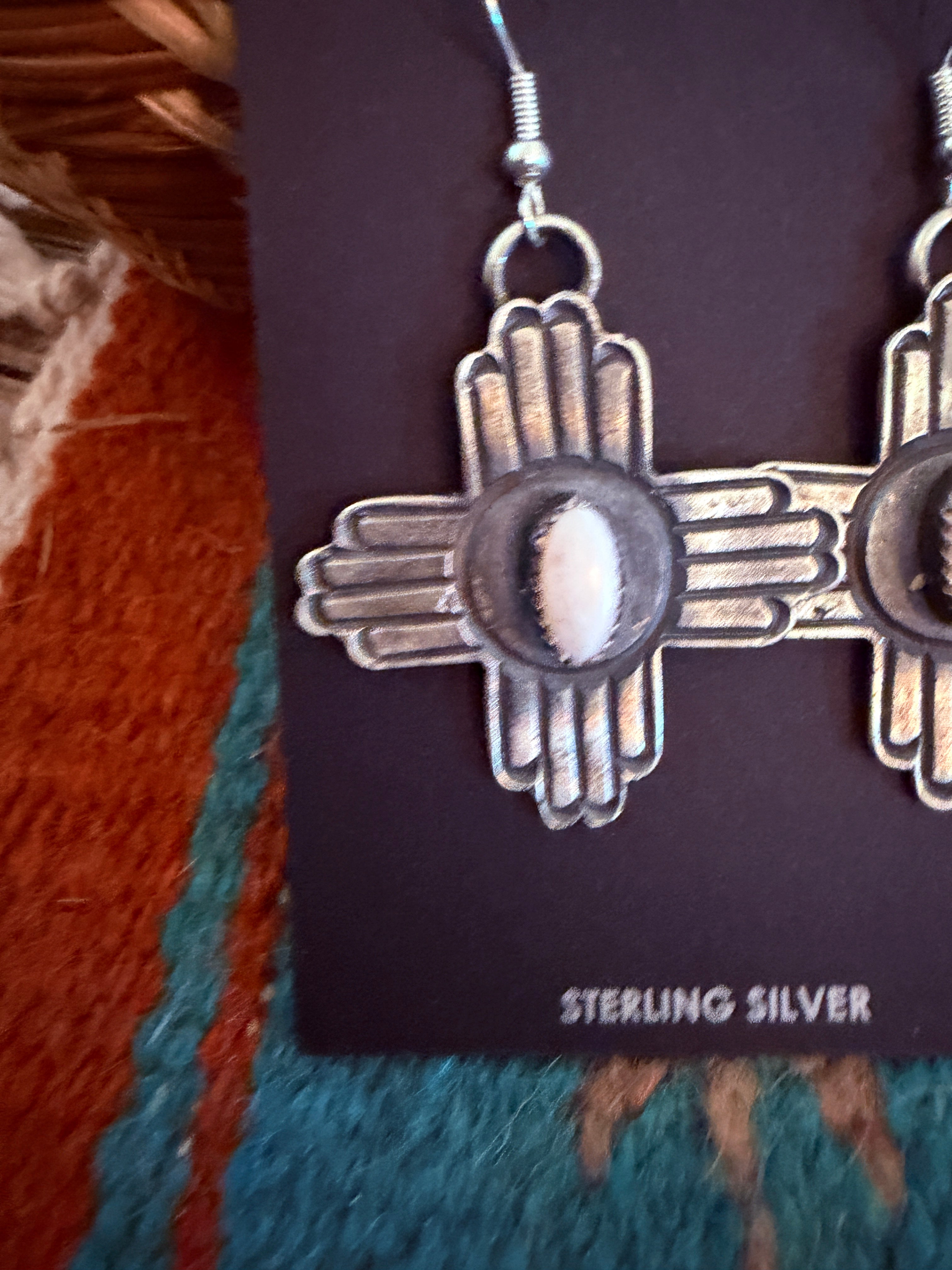 Handcrafted Queen Pink Conch & Sterling Silver Zia Cross Dangle Earrings by Kevin Billah