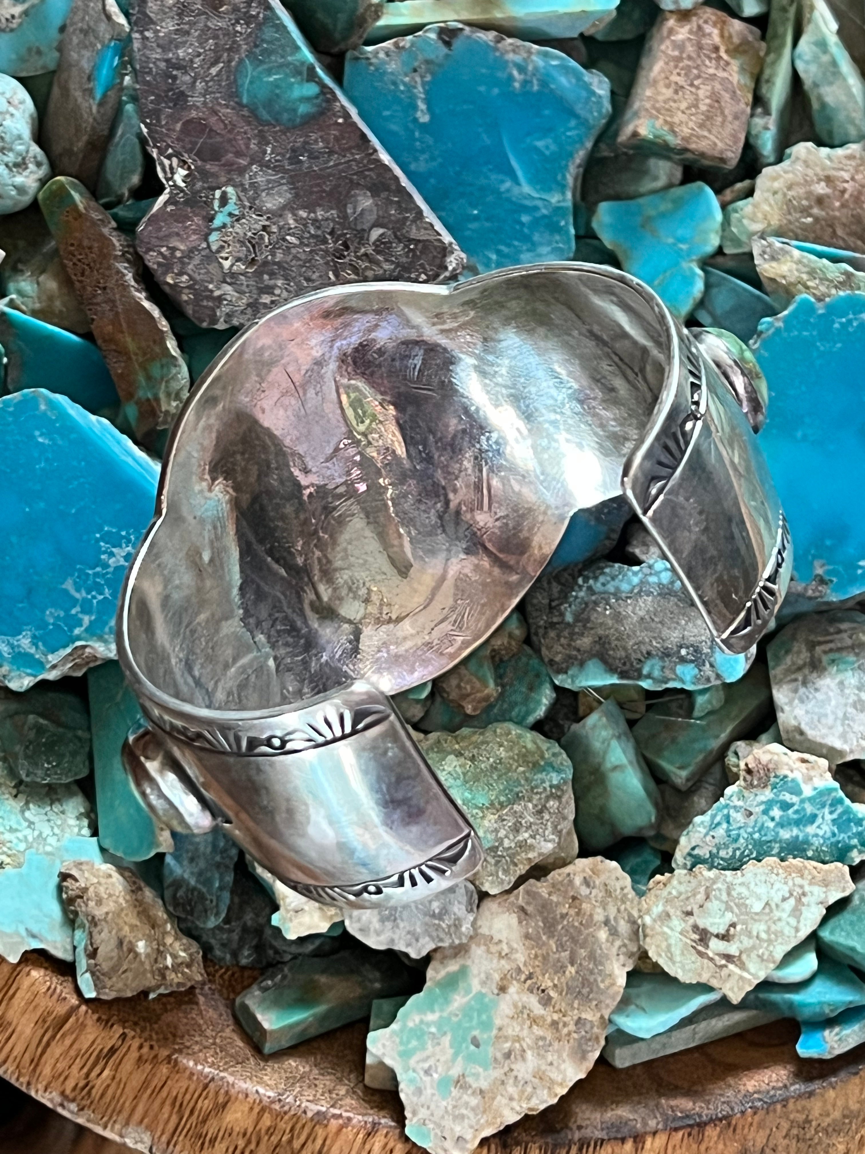 Handcrafted Old Pawn Sterling Silver and Royston Turquoise Overlay Bear Paw Cuff Bracelet by Charlie Bowie /