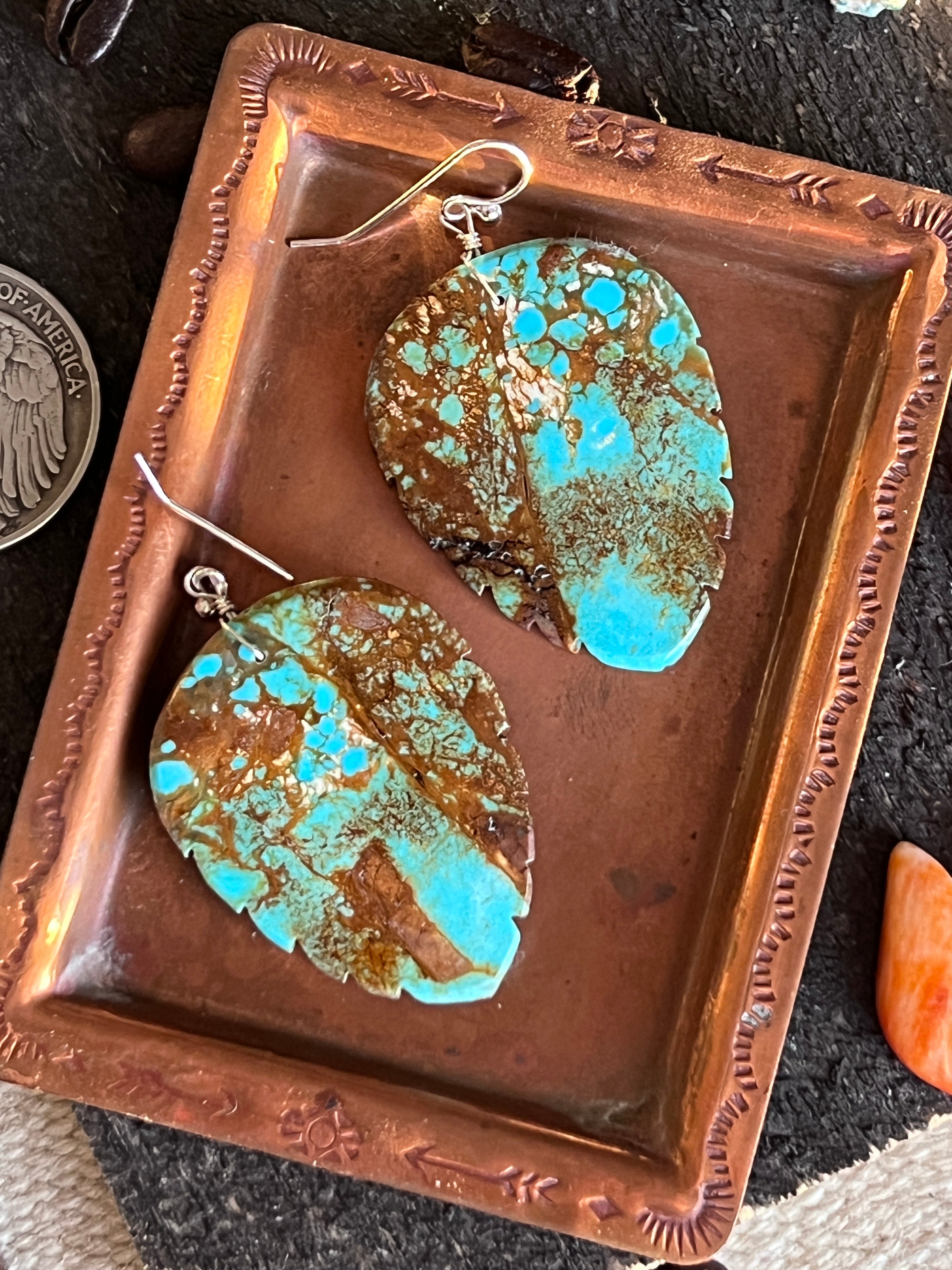 Santo Domingo Carved Turquoise Leaf Earrings by Ronald Chavez