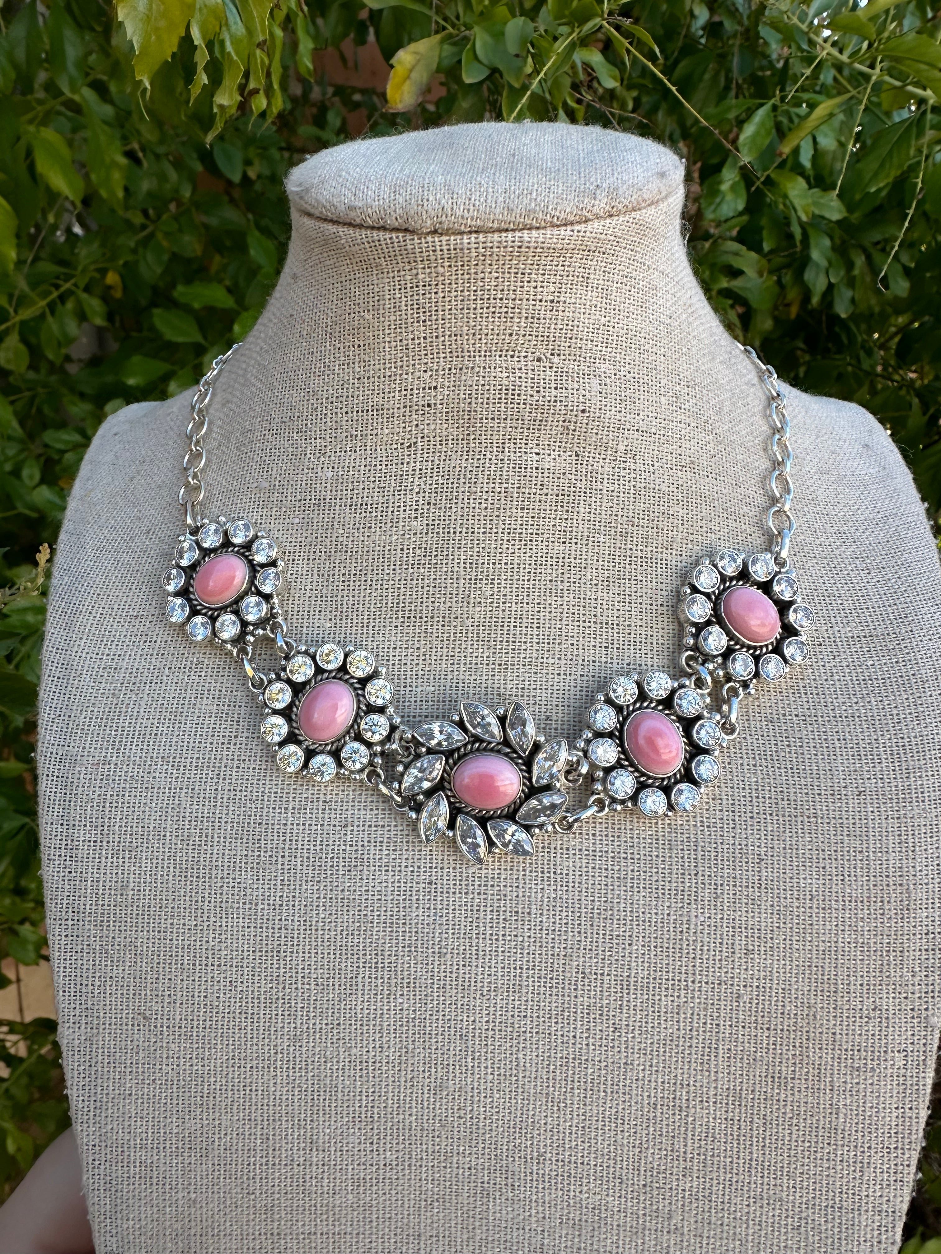 Handmade Sterling Silver, CZ & Pink Conch Choker Necklace Set