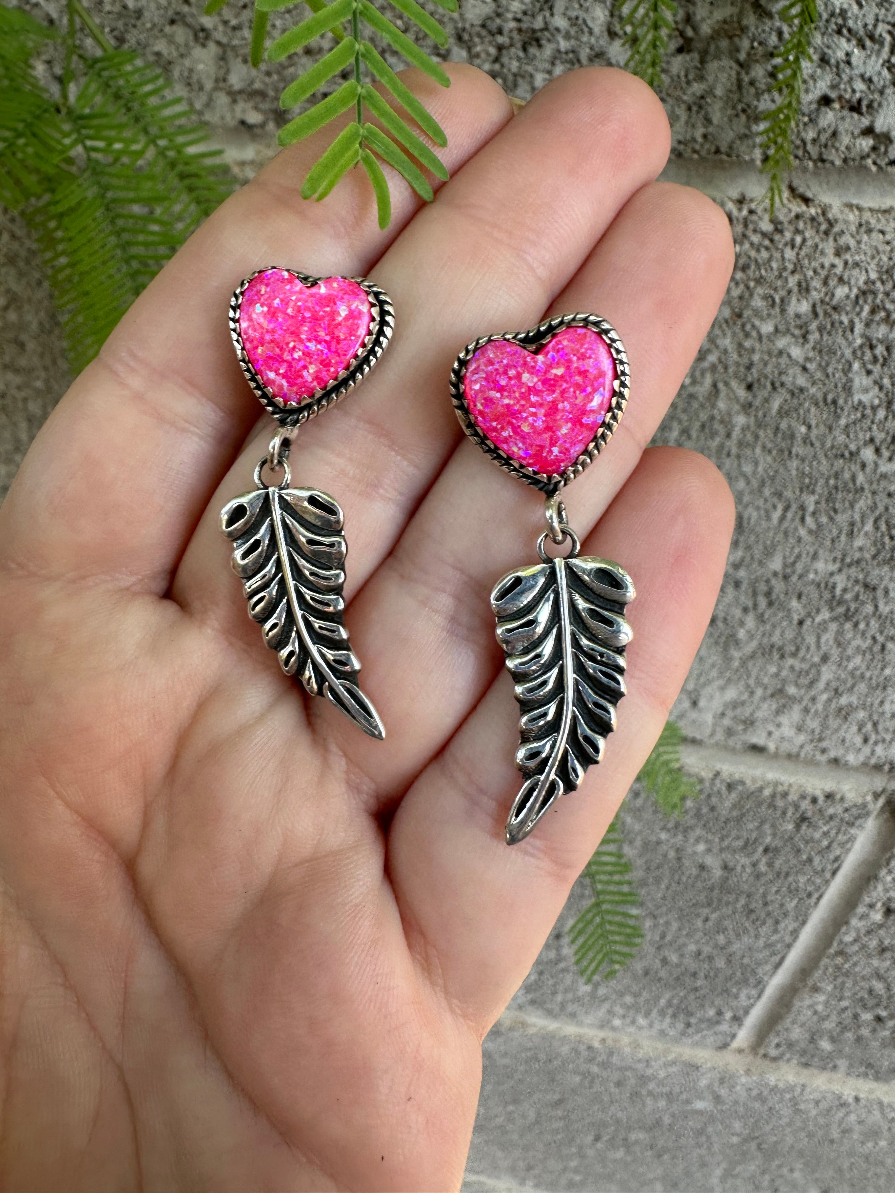 Handmade Hot Pink Fire Opal and Sterling Silver Leaf Post Earrings Signed Nizhoni