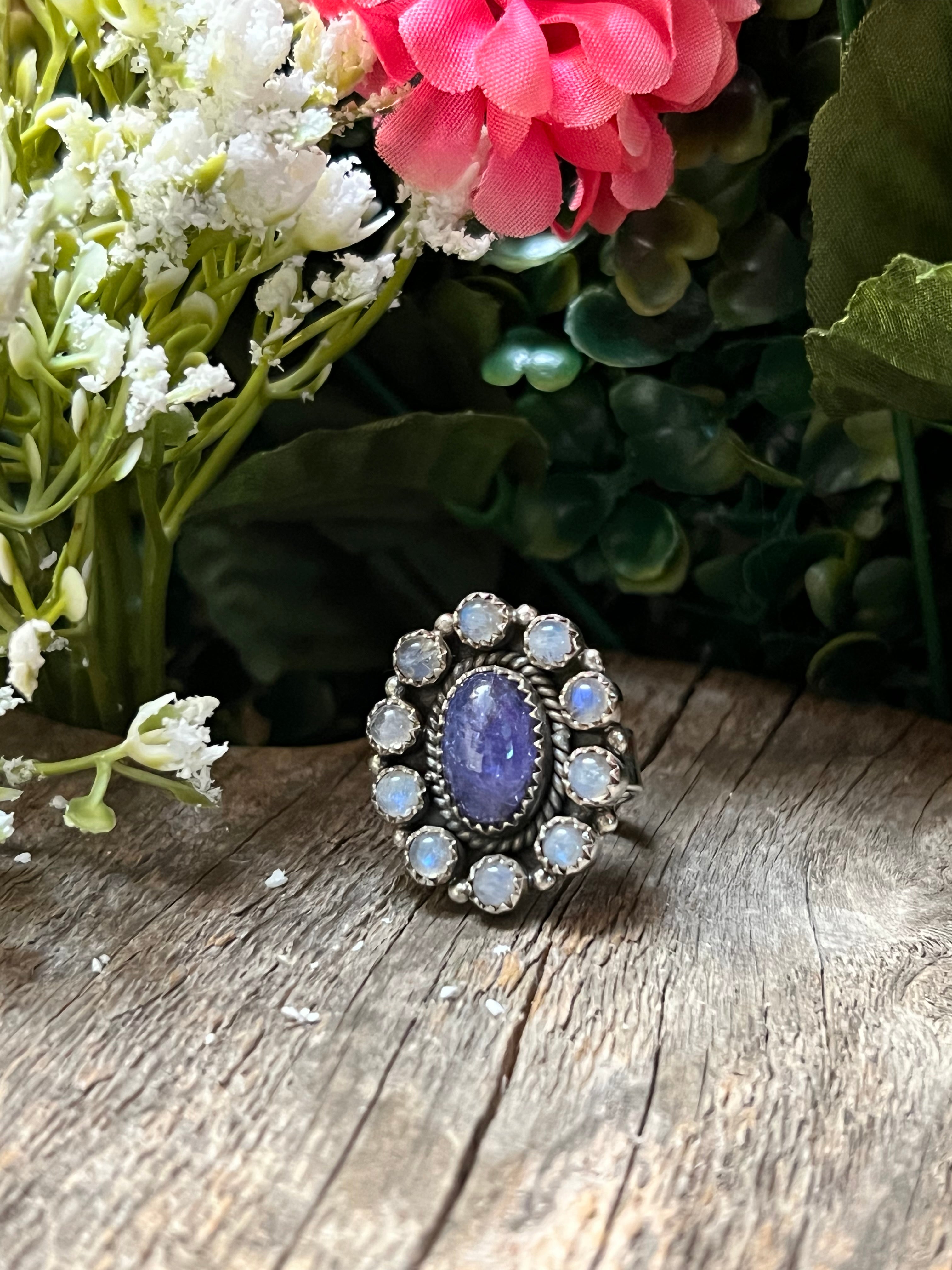 Handmade Oval Shaped Moonstone Cluster Sterling Silver Adjustable Ring