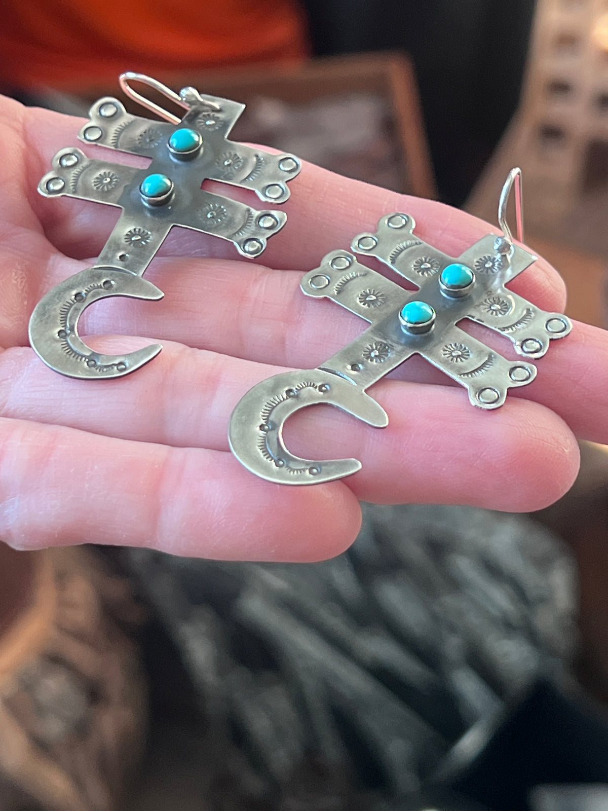 Hand Stamped Sterling Silver Dragonfly Cross Crescent Moon Dangle Earrings with Kingman Turquoise by Kimari Somers, Shaped Bars