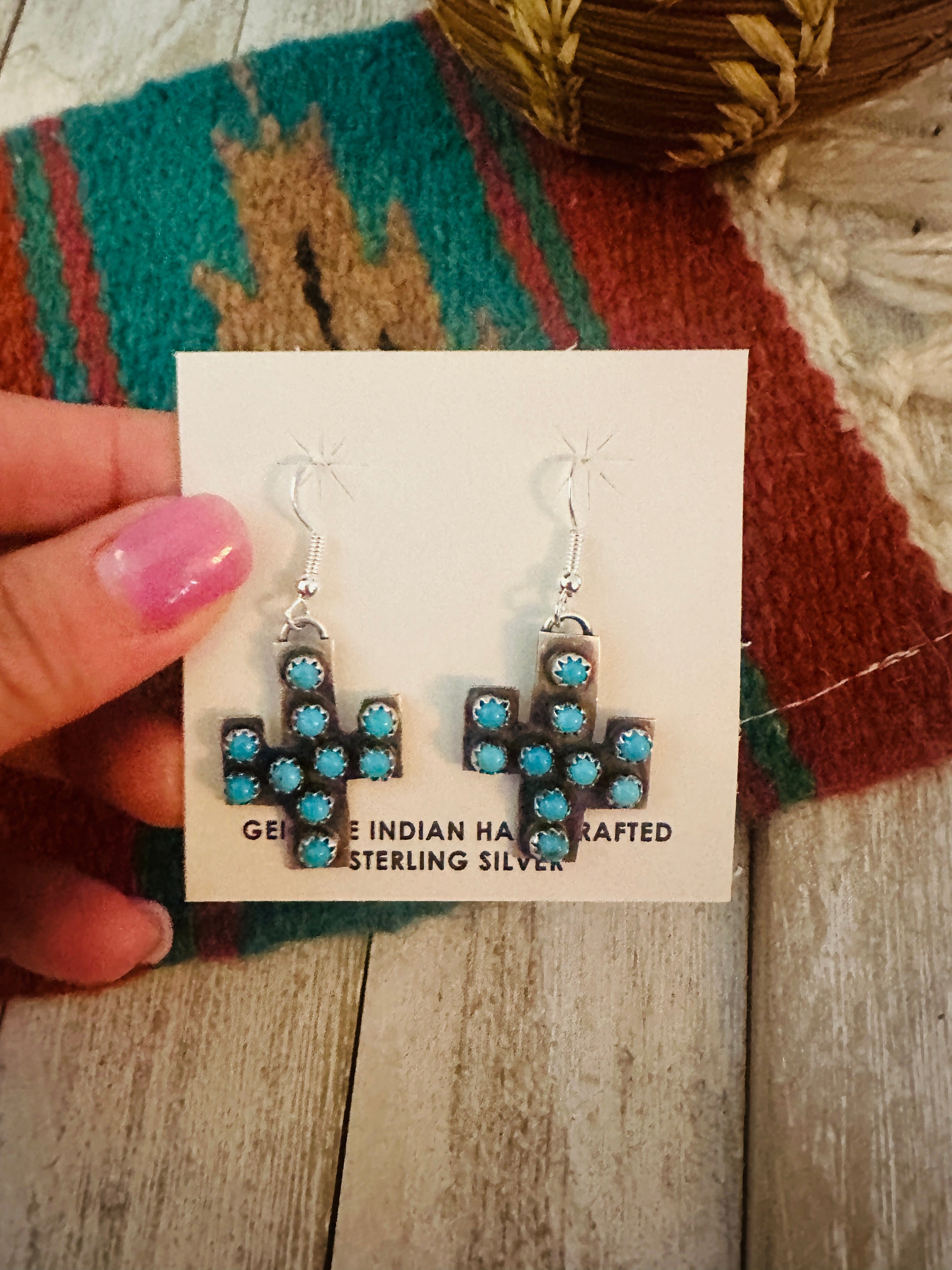 Navajo Sterling Silver & Turquoise Cactus Dangle Earrings