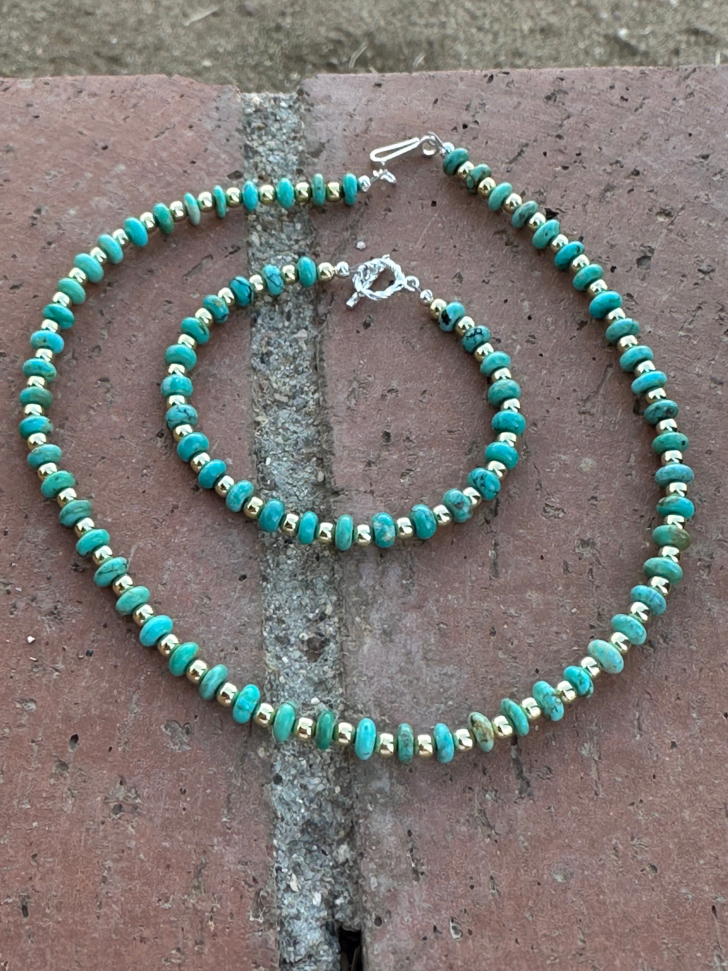Gilded Sky Turquoise, Gold & Sterling Silver Beaded Necklace and Bracelets