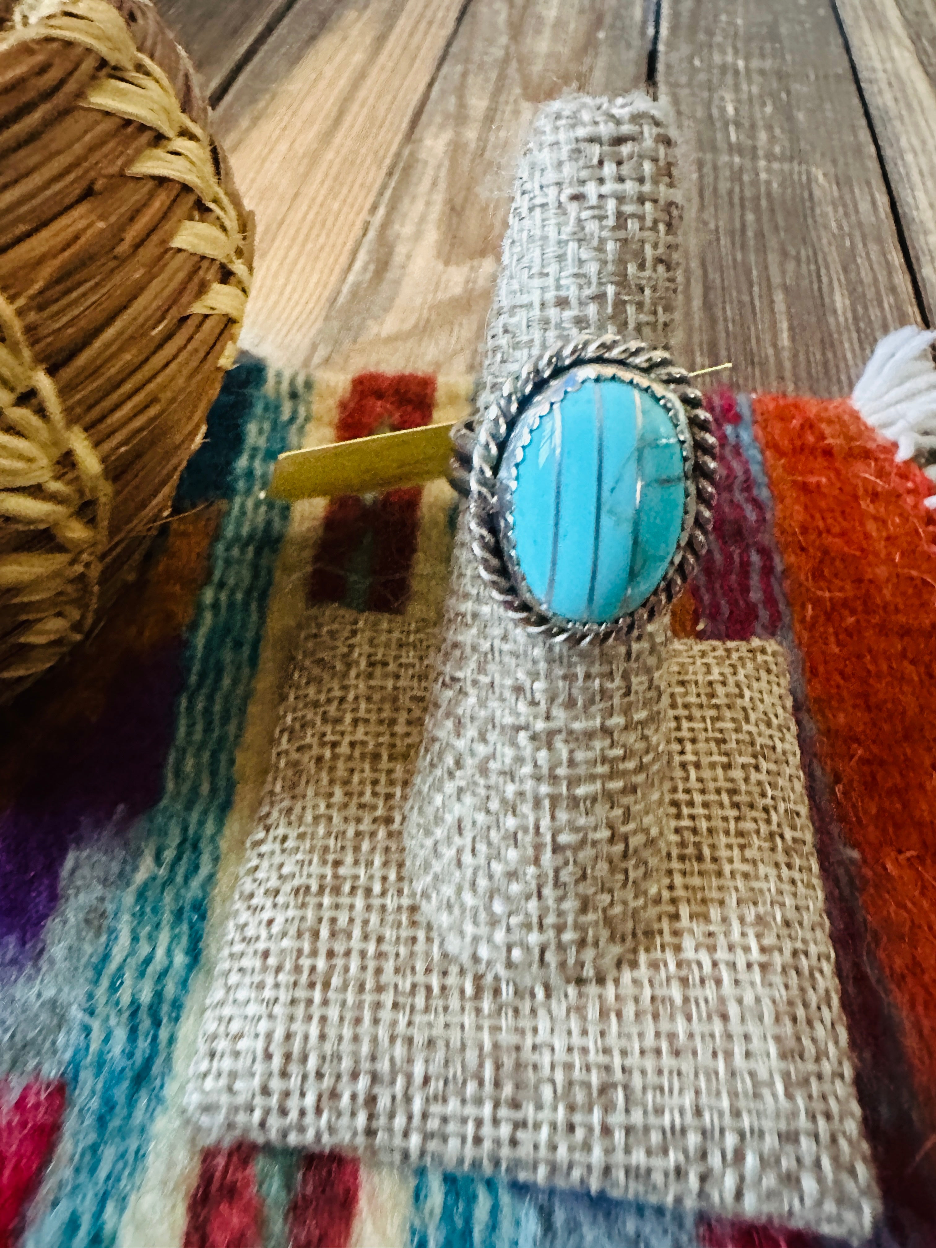 Old Pawn Handcrafted Turquoise & Sterling Silver Inlay Ring Size 7