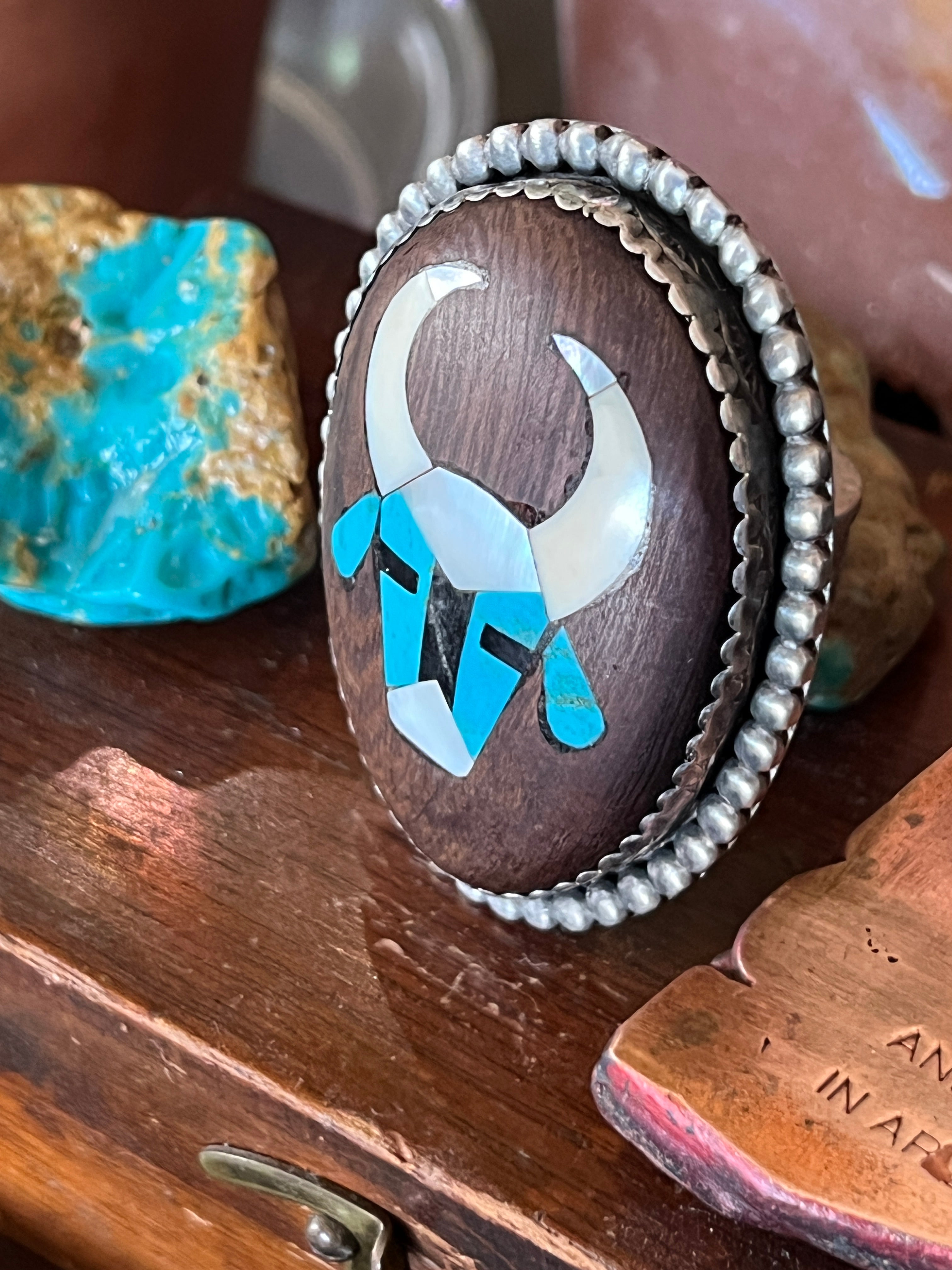 Vintage Sterling Silver and Wood Ring with Turquoise and Mother of Pearl Inlay Steer Head, Size 10.5