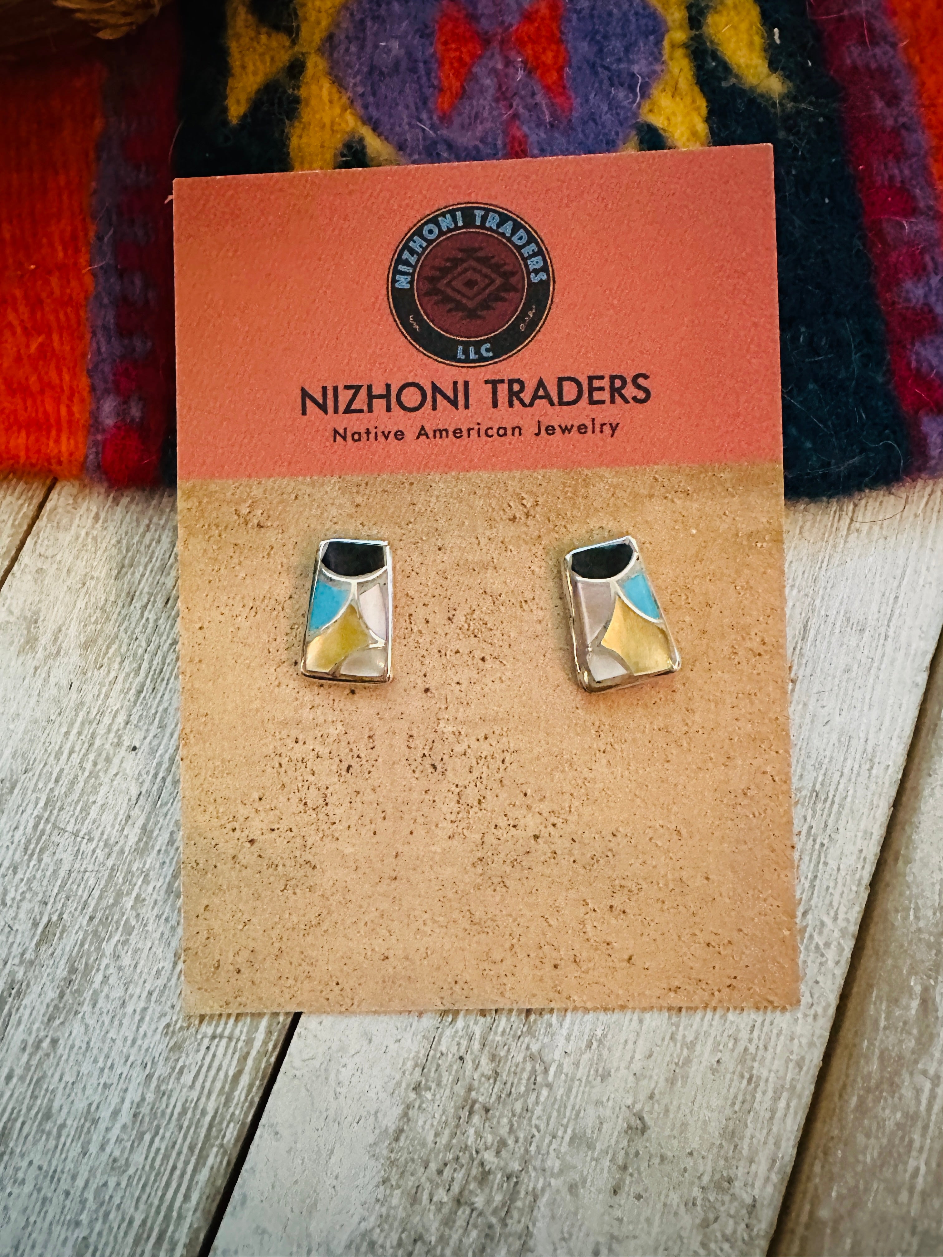 Zuni Multi Stone & Sterling Silver Inlay Stud Earrings