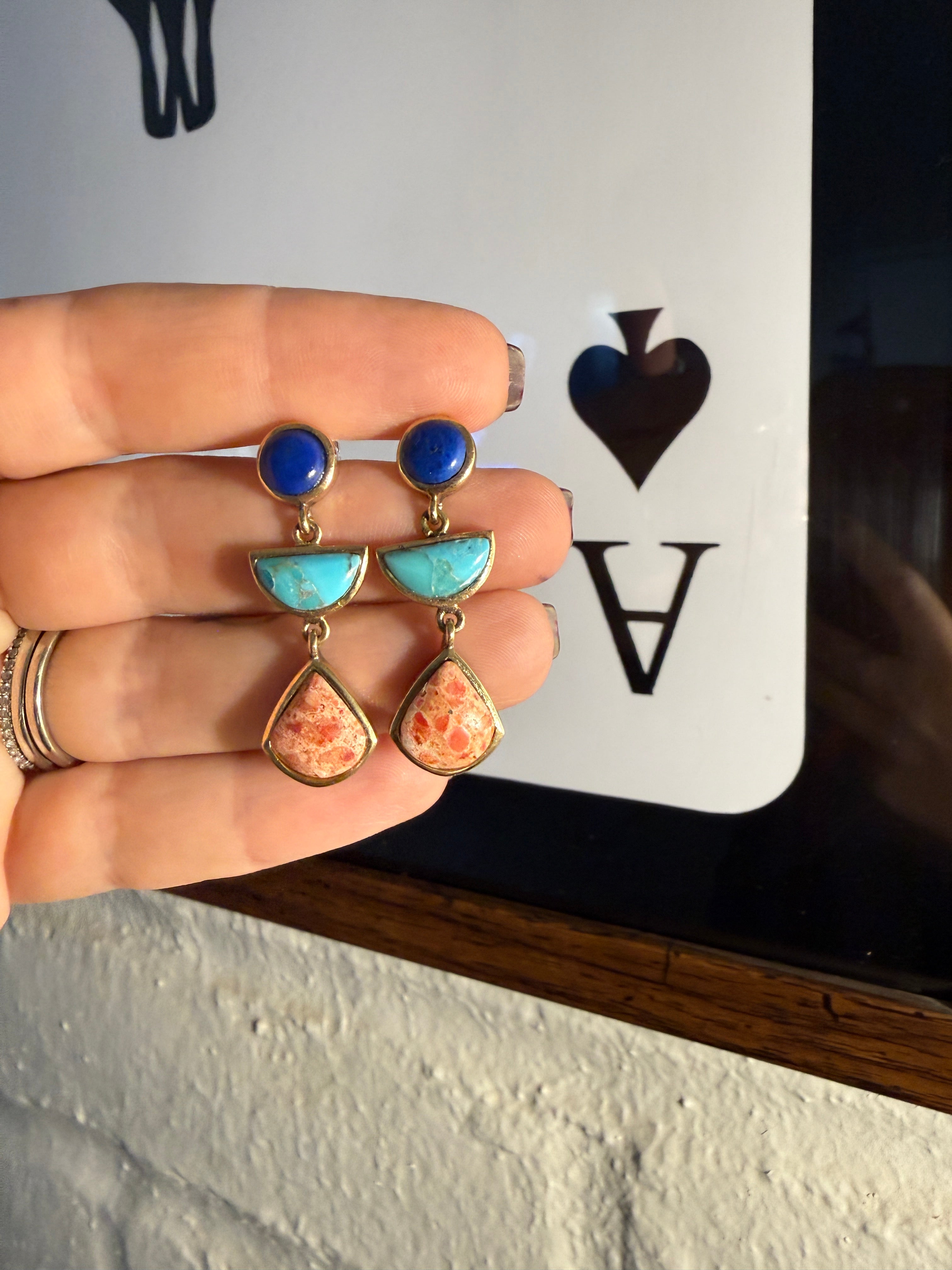 “The Golden Collection” Handmade Gold Plated Sterling Silver, Lapis, Orange Sponge Coral & Turquoise 3 STONE Post Dangle Earrings