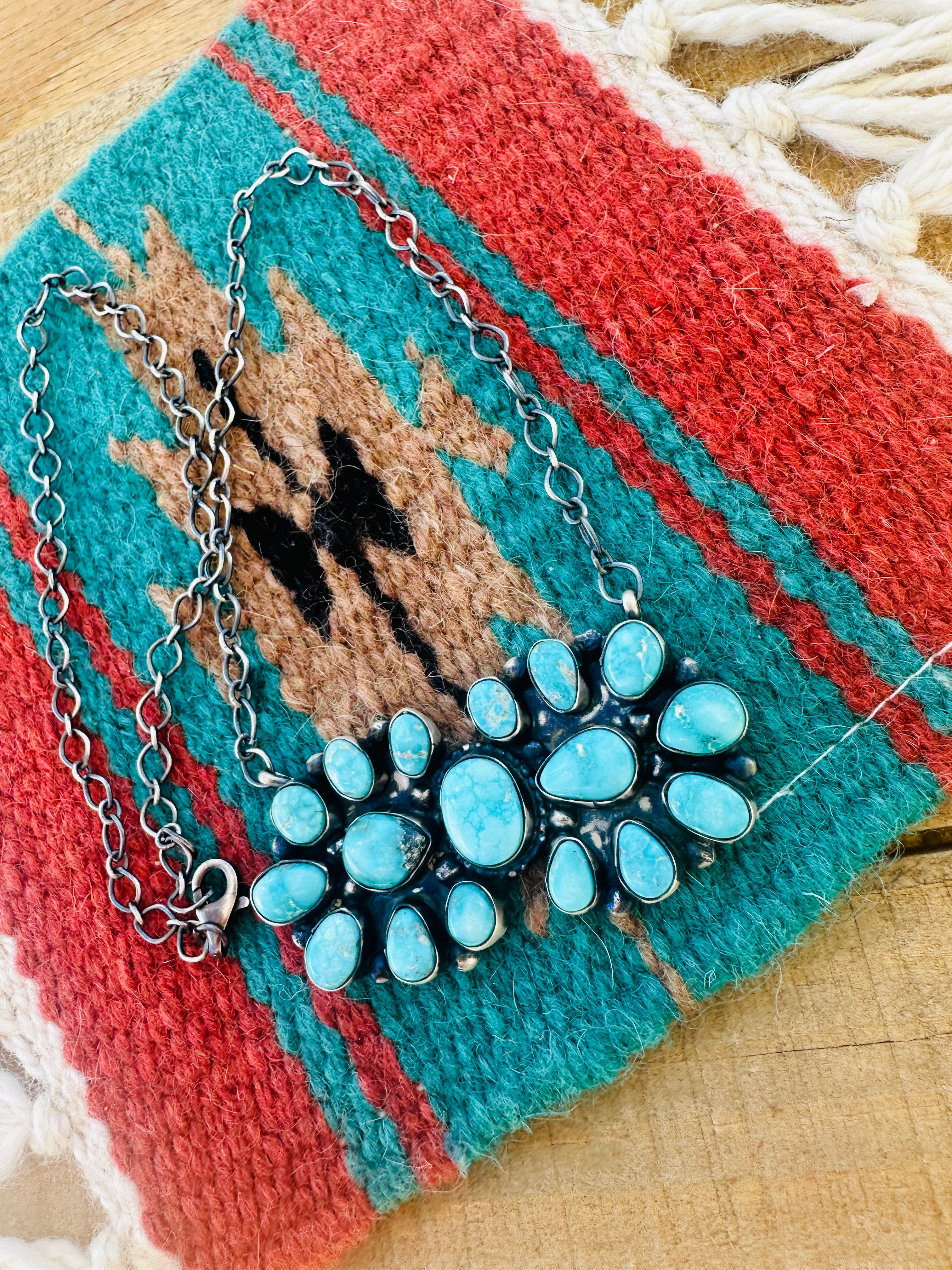 Navajo Sterling Silver & Kingman Turquoise Cluster Necklace