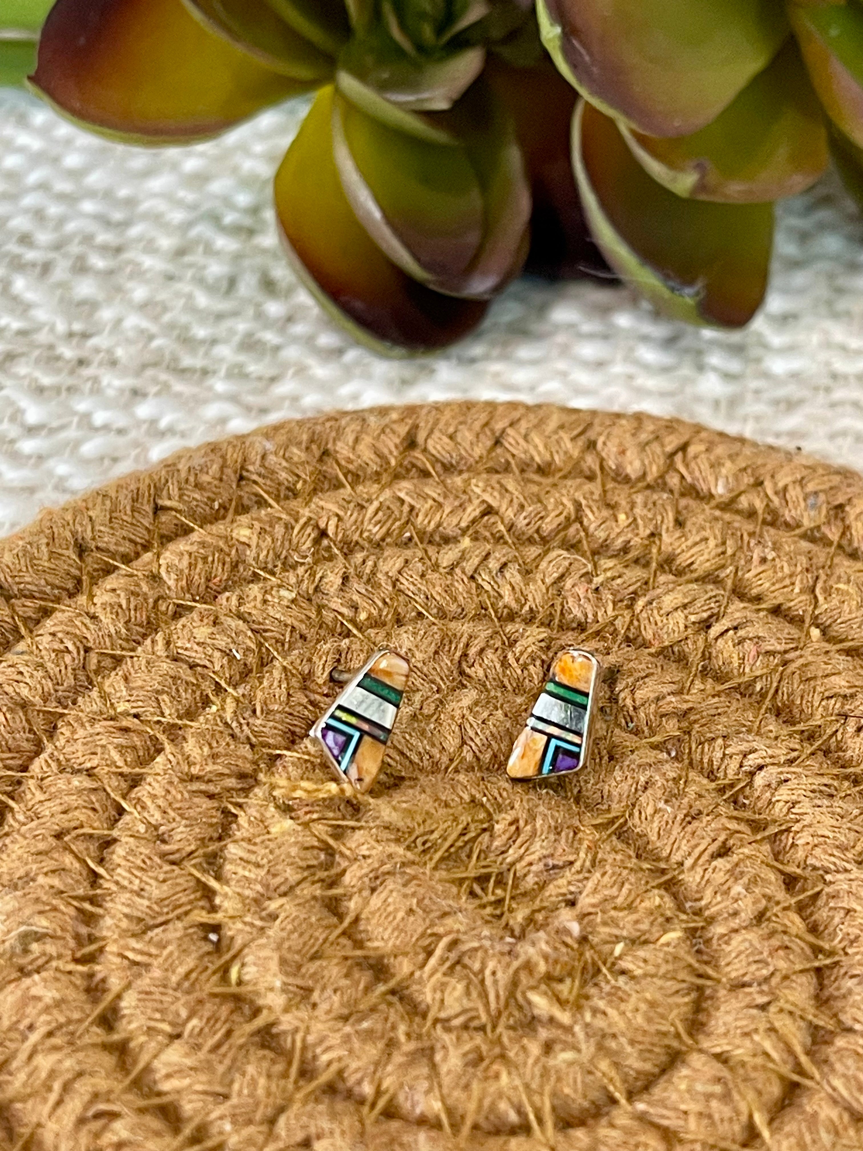 Gorgeous Handmade Sterling Silver & Multi Stone Inlay Stud Earrings