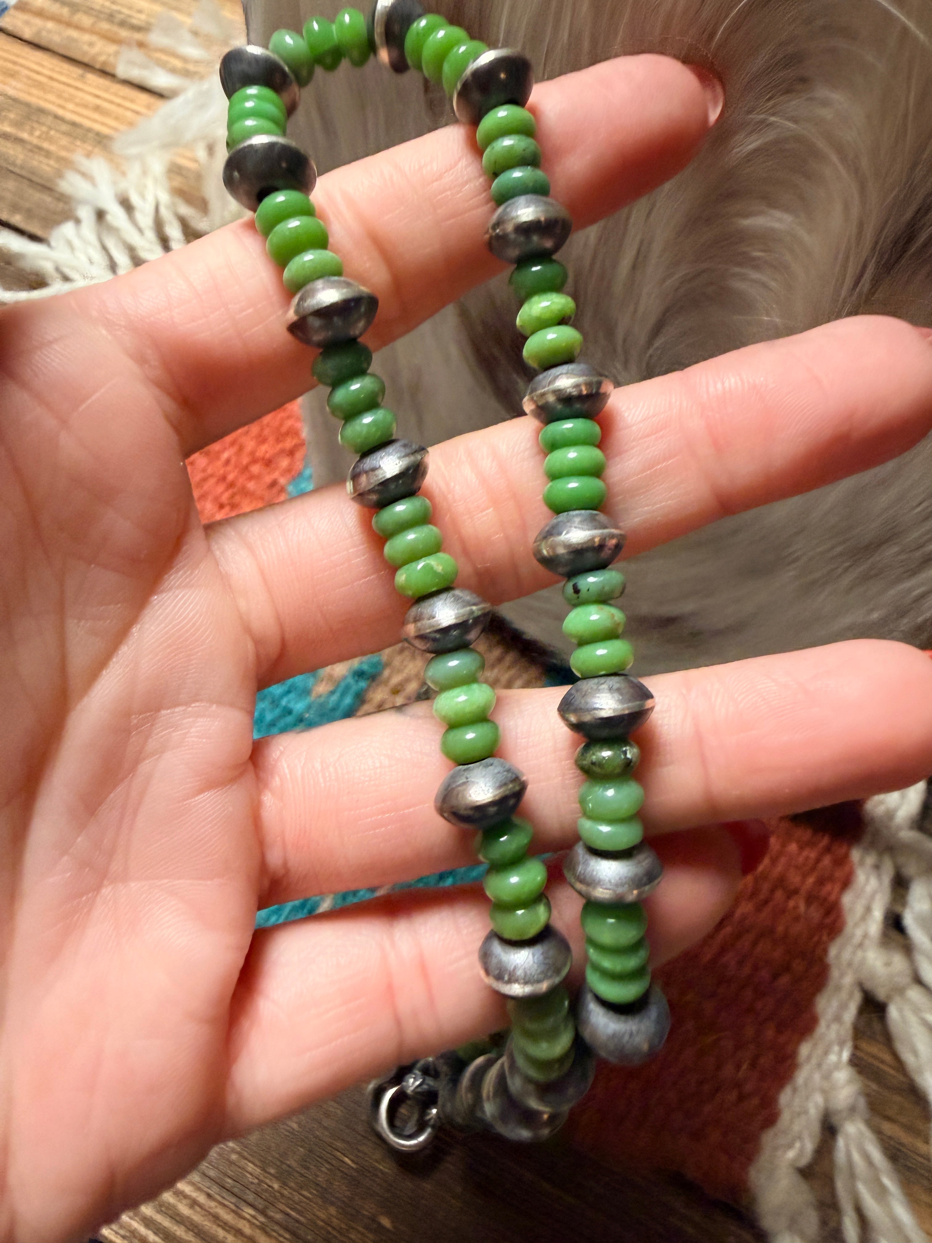 Handcrafted Green Turquoise & Sterling Silver Saucer Beaded 16” Necklace