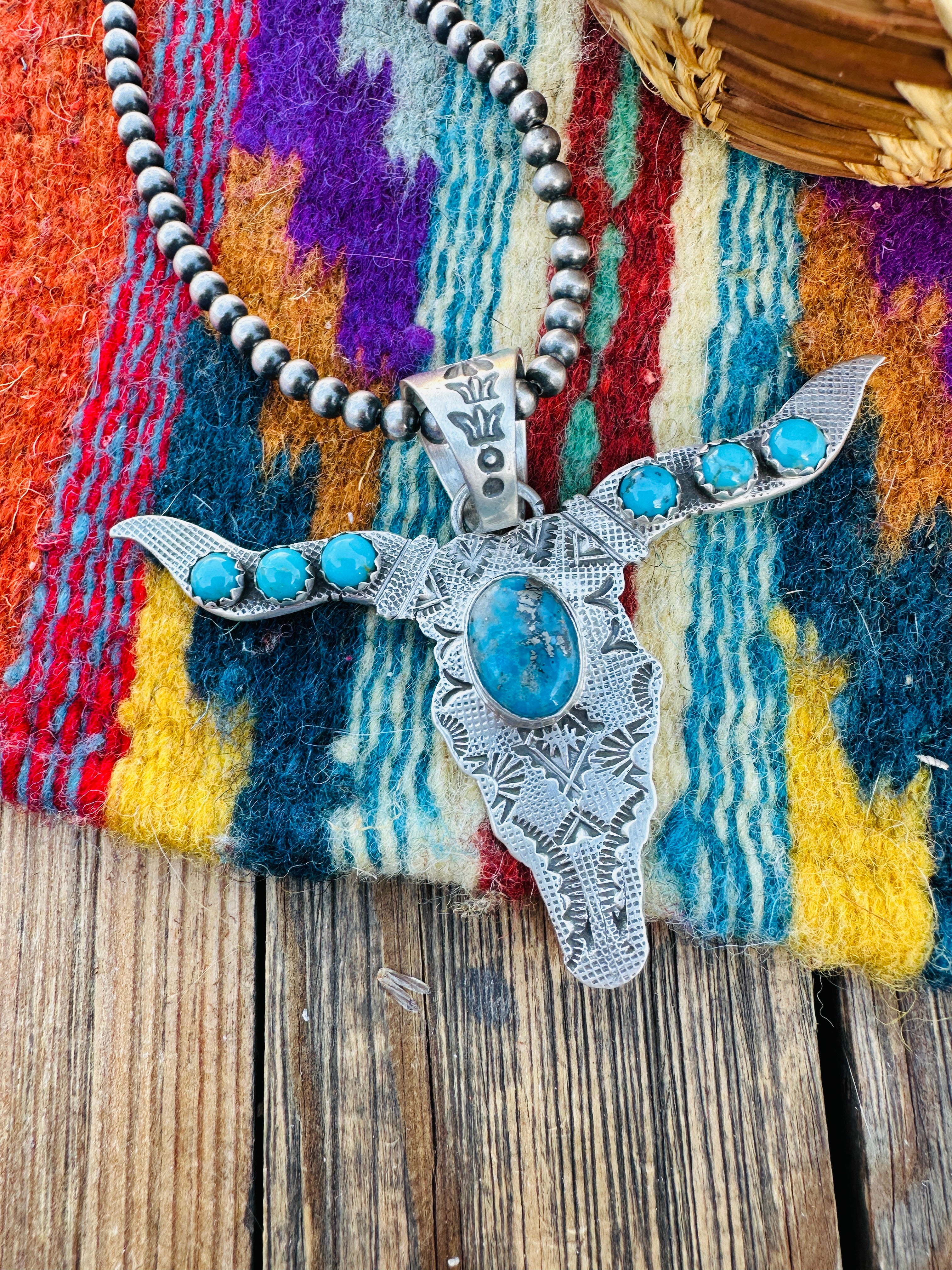 Handcrafted Sterling Silver & Turquoise Bullhead Pendant by Leroy James