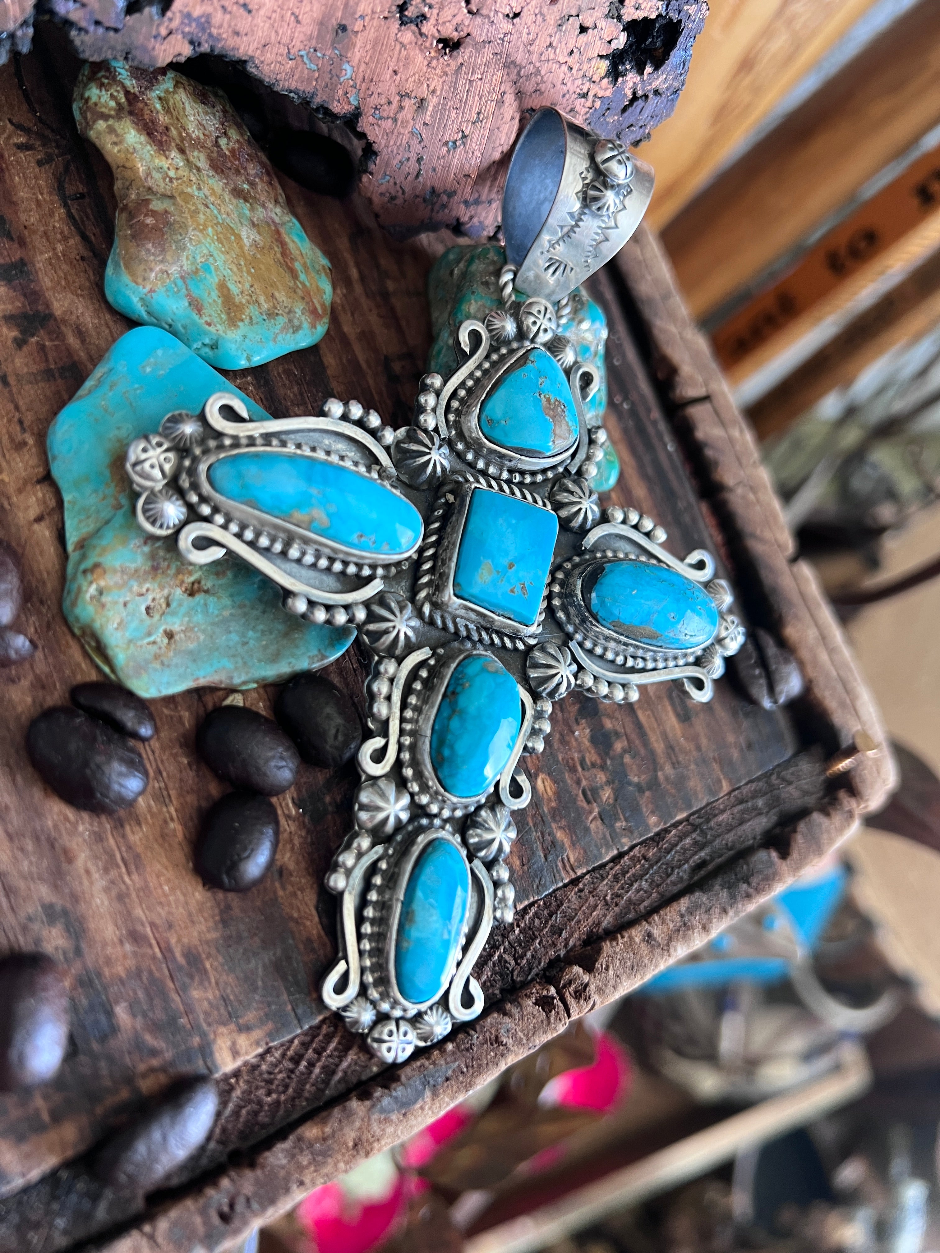 Sterling Silver and Royston Turquoise Cross Pendant by Rosella Paxson