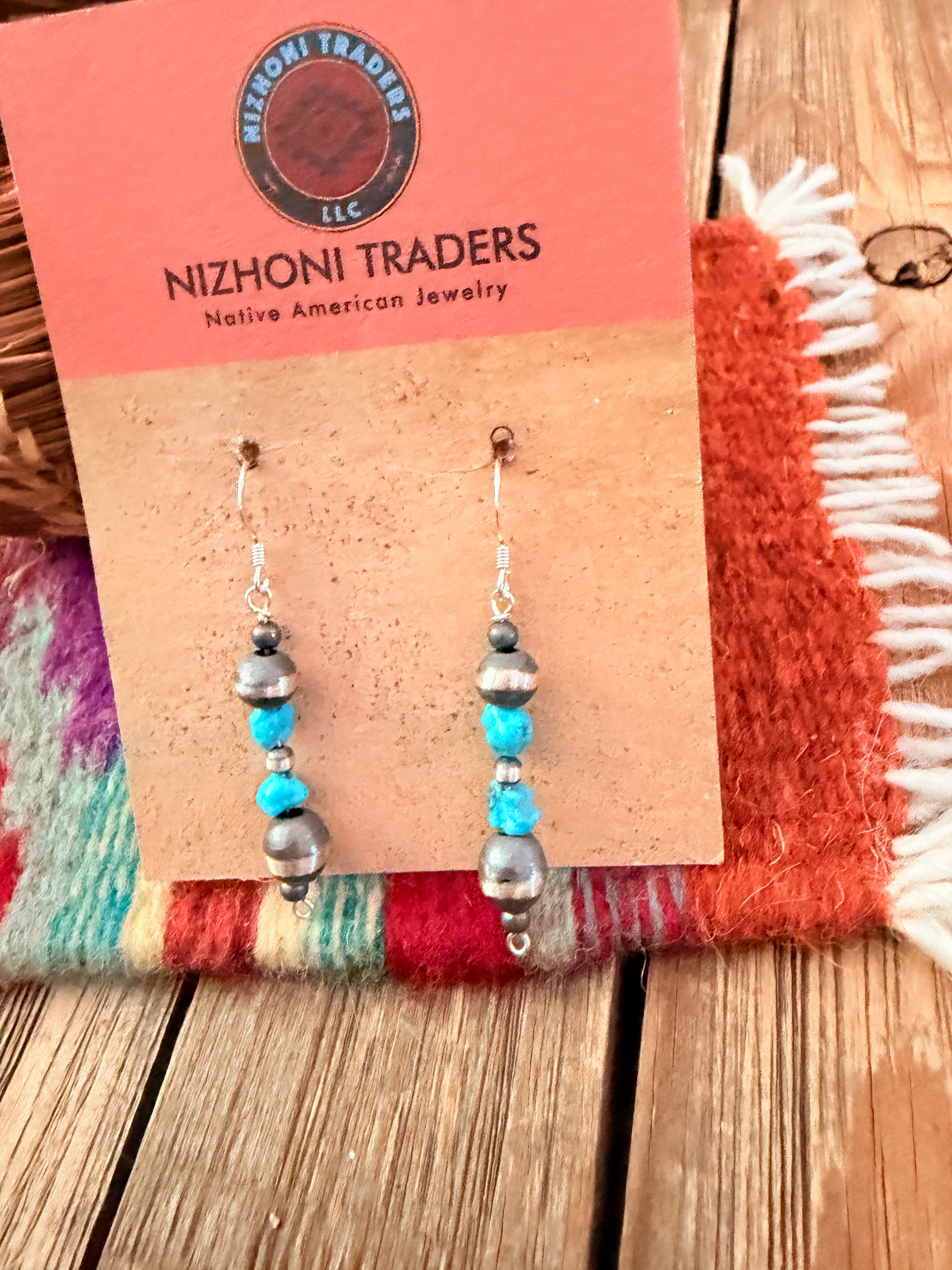 Handcrafted Turquoise & Sterling Silver Pearl Beaded Dangle Earrings