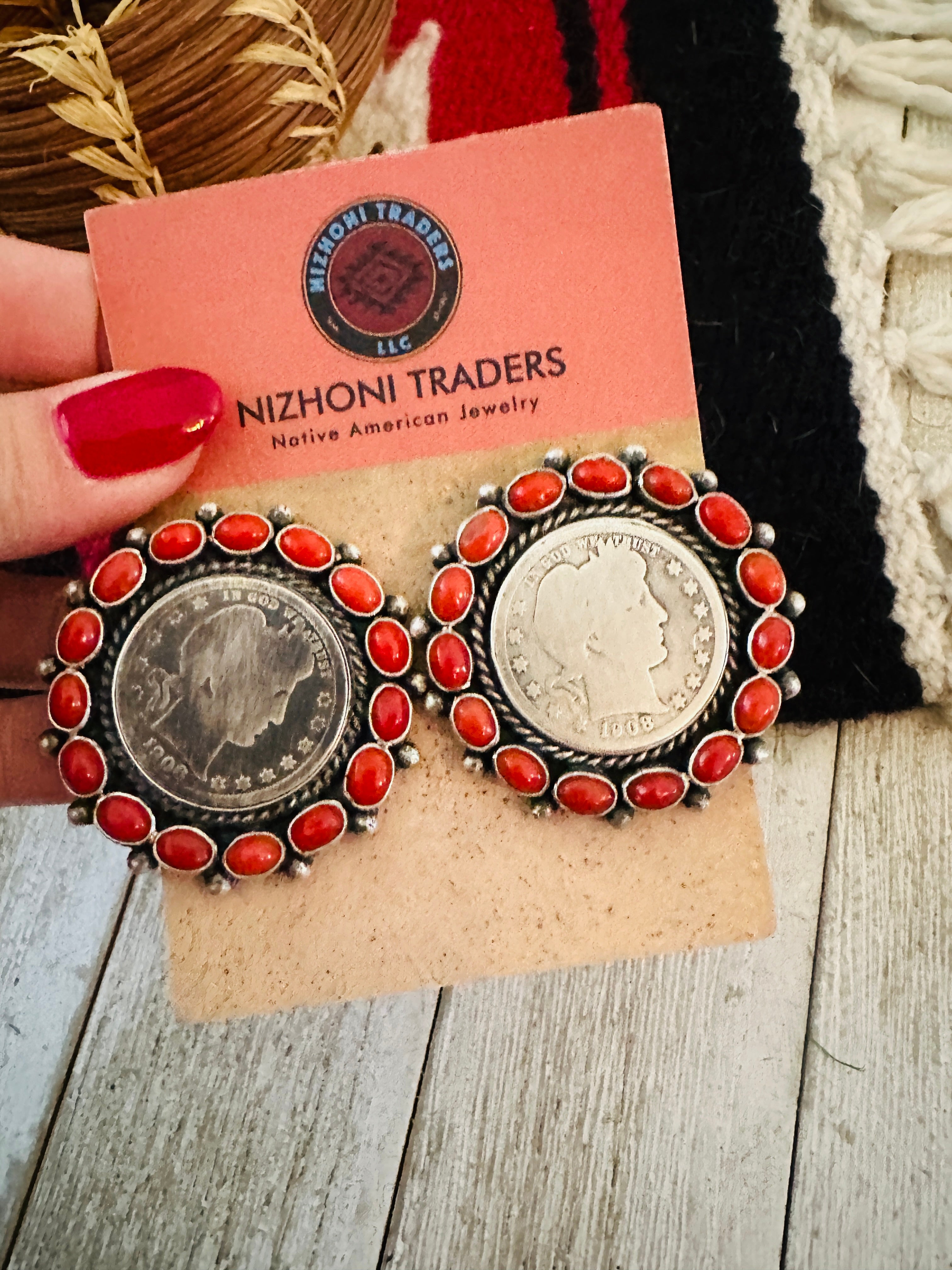 Handcrafted Sterling Silver and Coral Liberty Coin Earrings by Darrin Livingston