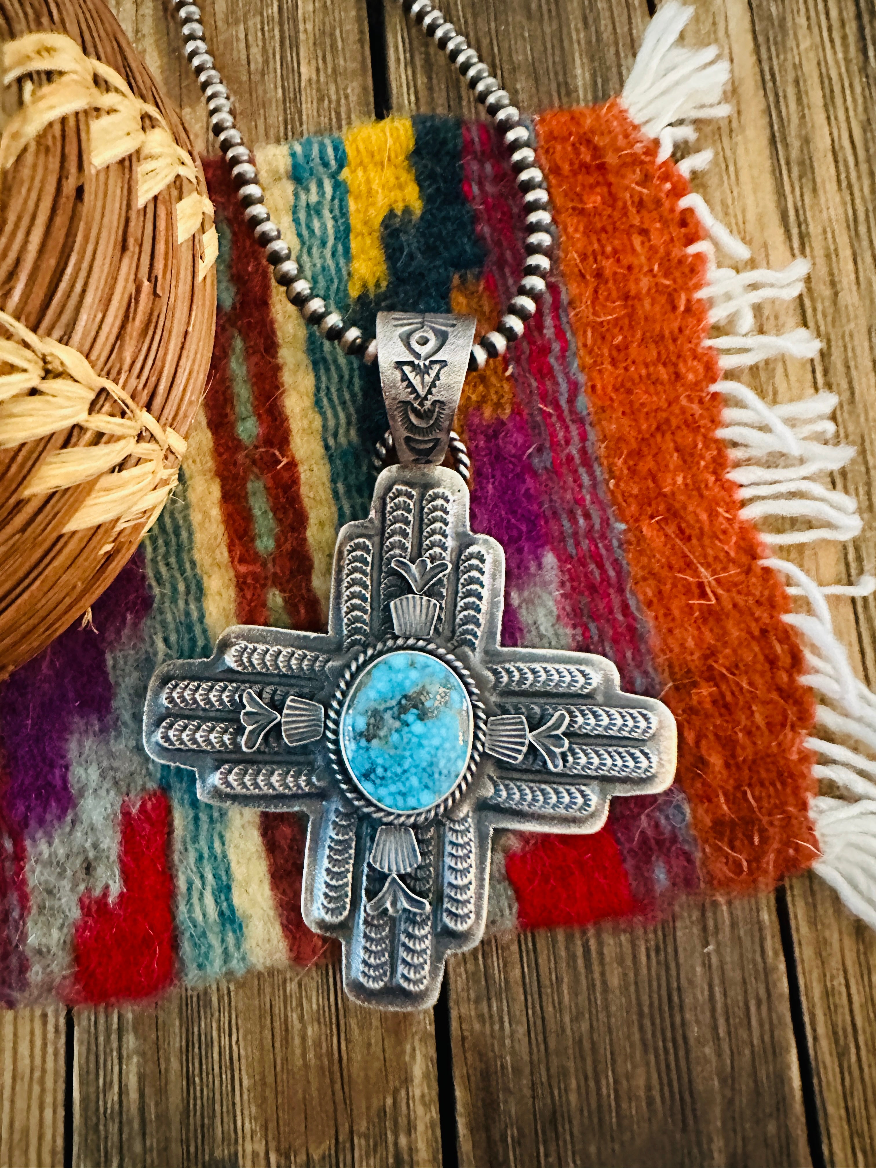 Handcrafted Sterling Silver & Turquoise Zia Cross Pendant by Kevin Billah