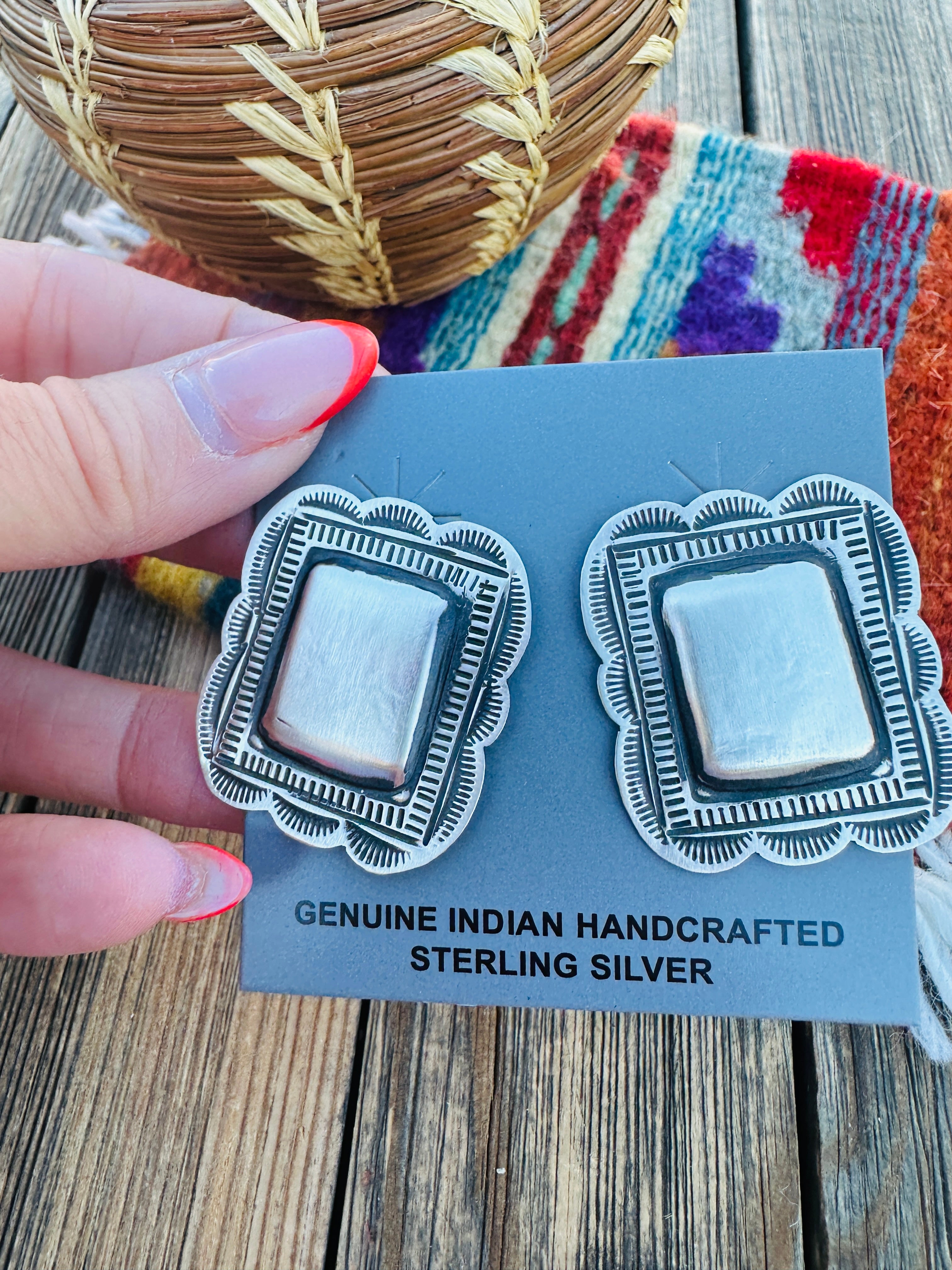 Handcrafted Sterling Silver Concho Post Earrings by Leander Tahe