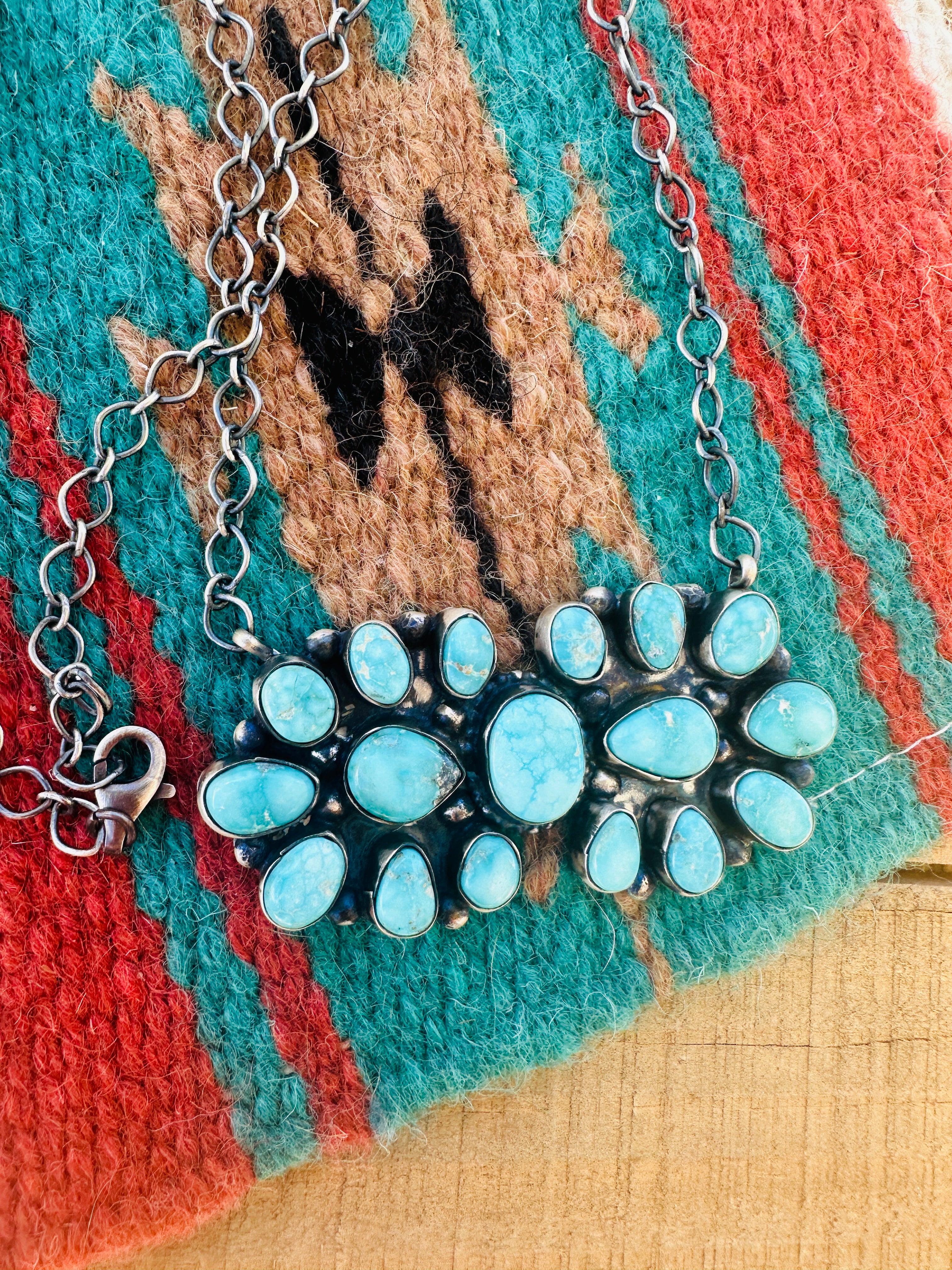 Navajo Sterling Silver & Kingman Turquoise Cluster Necklace