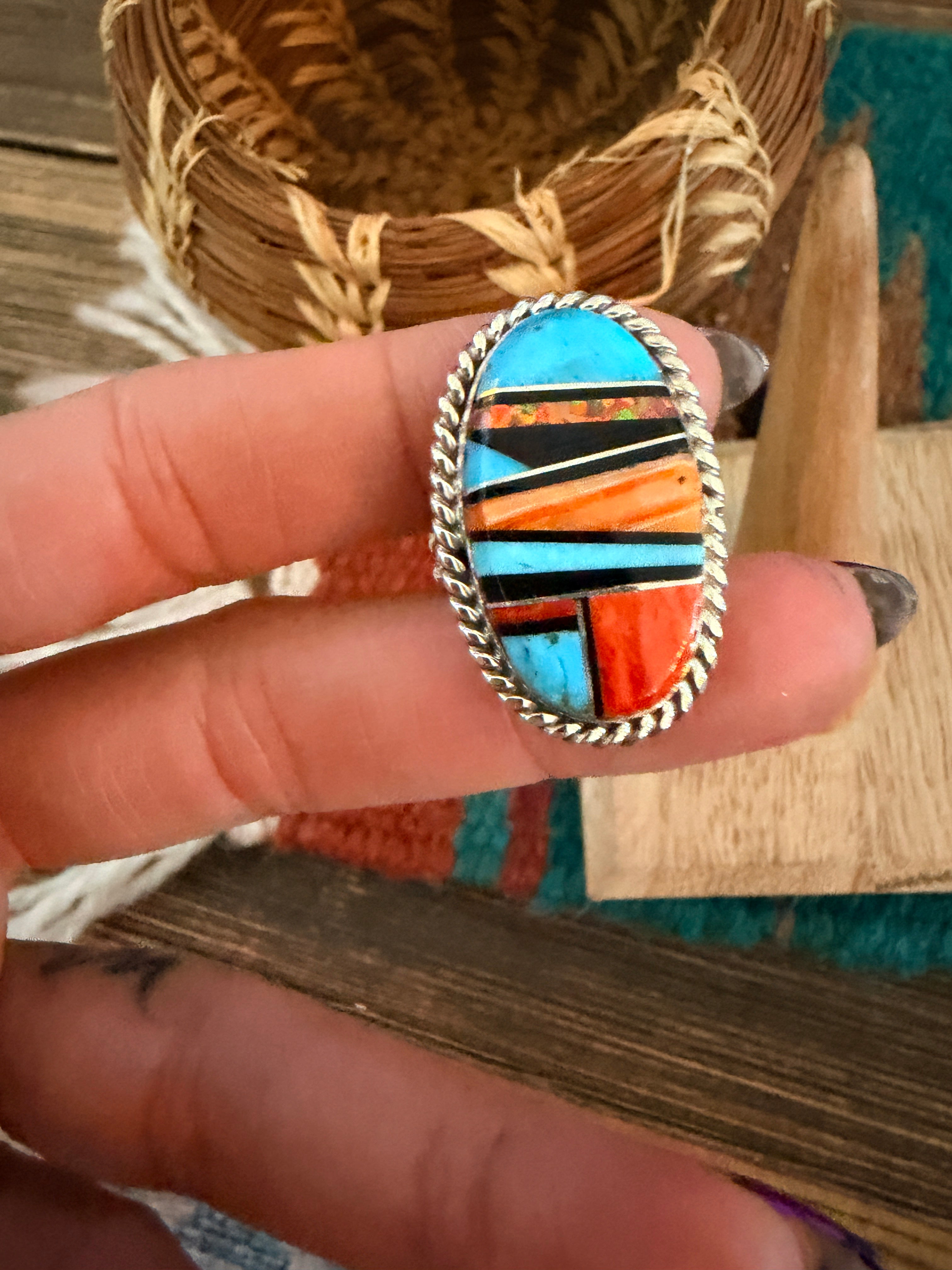 Handcrafted Multi Stone & Sterling Silver Inlay Ring Size 9