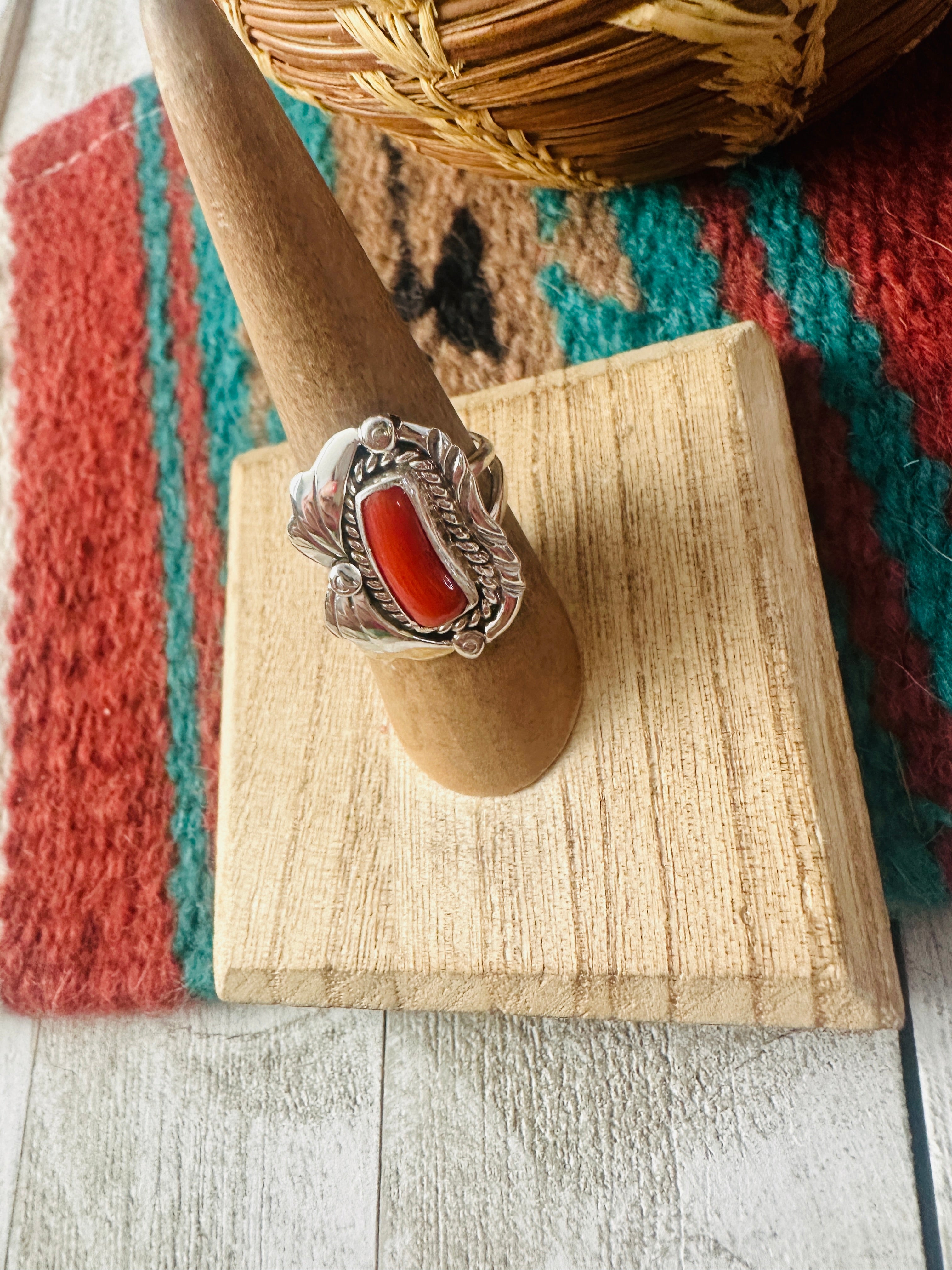 Navajo Coral & Sterling Silver Ring Size 6