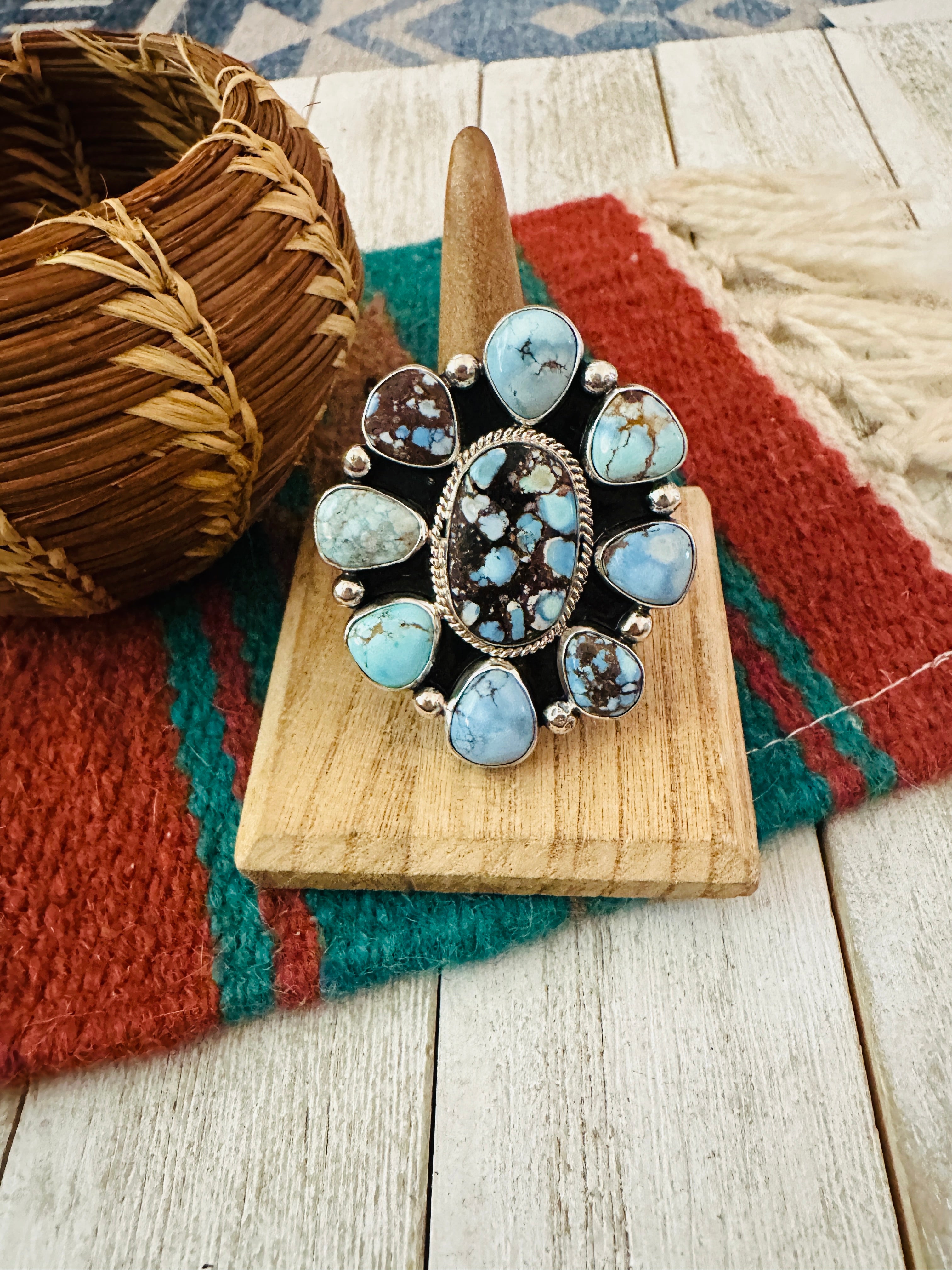 Navajo Sterling Silver & Golden Hills Turquoise Cluster Adjustable Ring