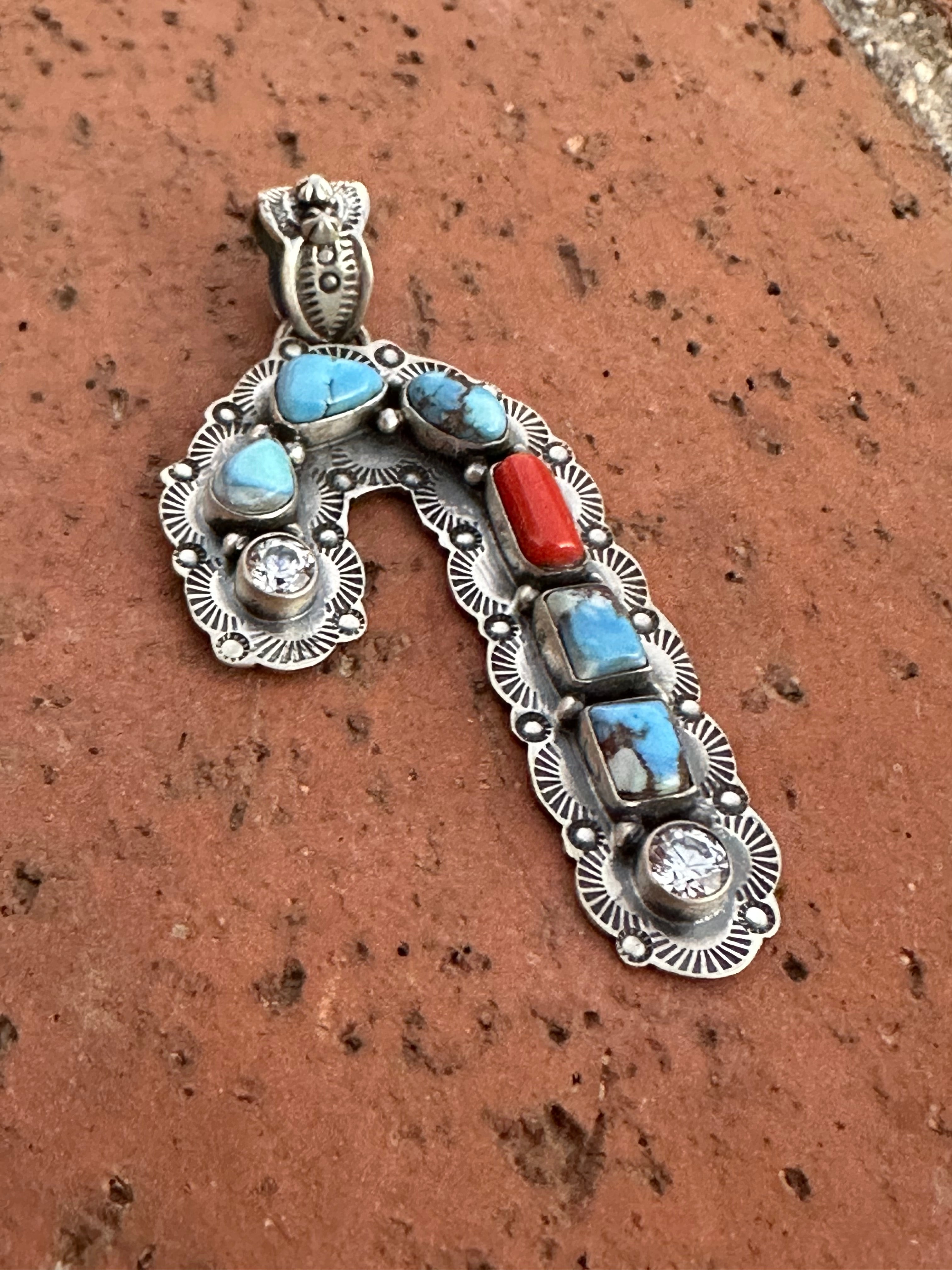 Handmade Sterling Silver, Coral & Turquoise Christmas Candy Cane Pendant