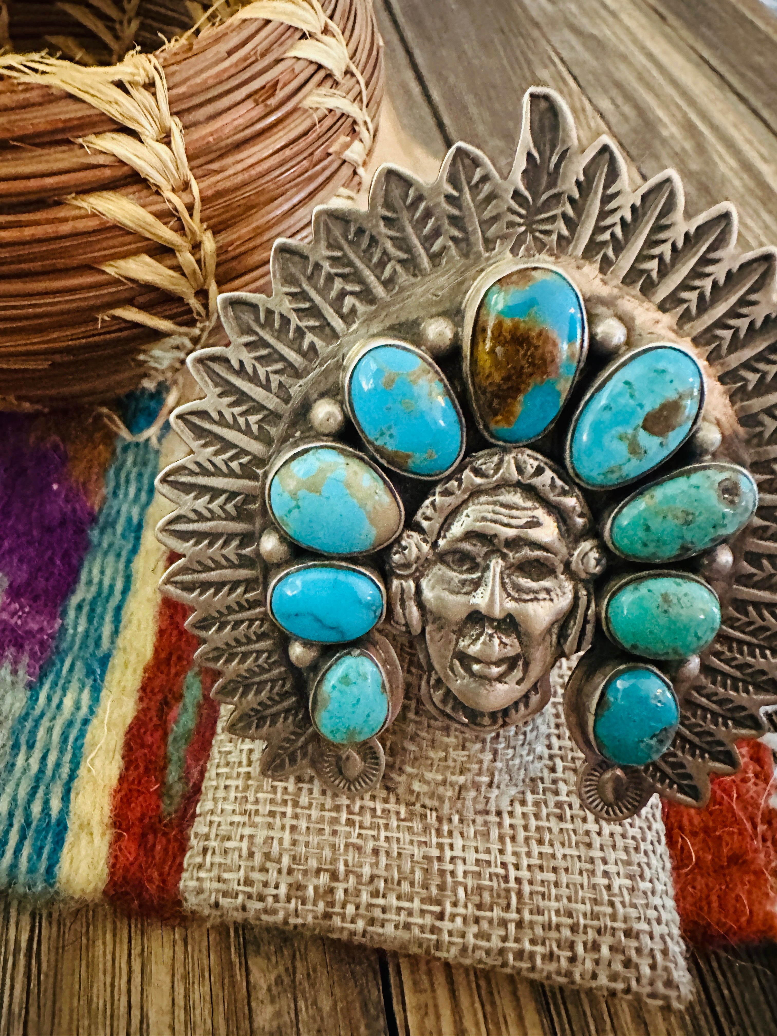 Handcrafted Turquoise & Sterling Silver Adjustable Indian Chief Ring by Charles Johnson