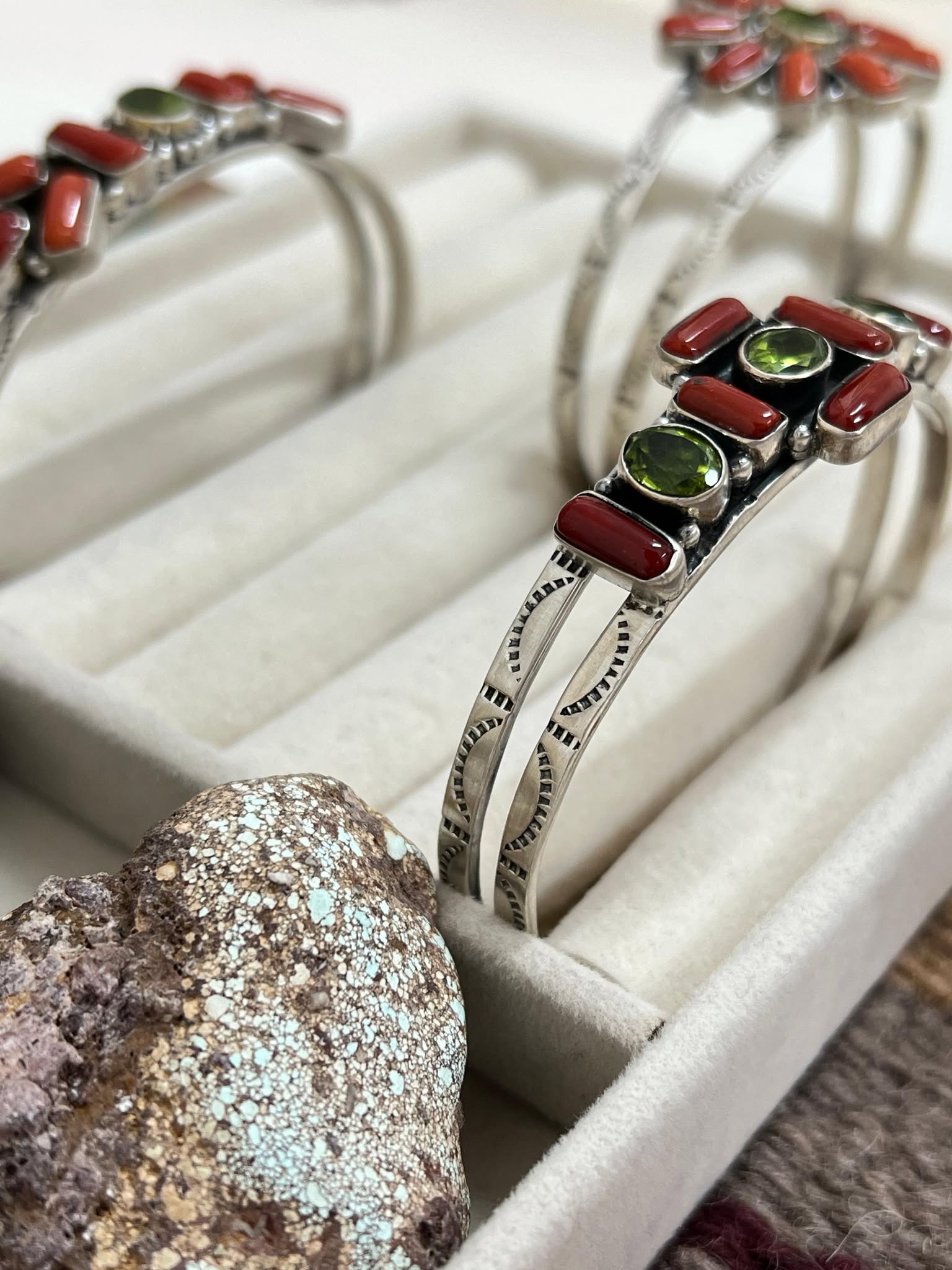 Christmas Collection Handmade Sterling Silver Coral with Peridot Bracelet with Signed Nizhoni