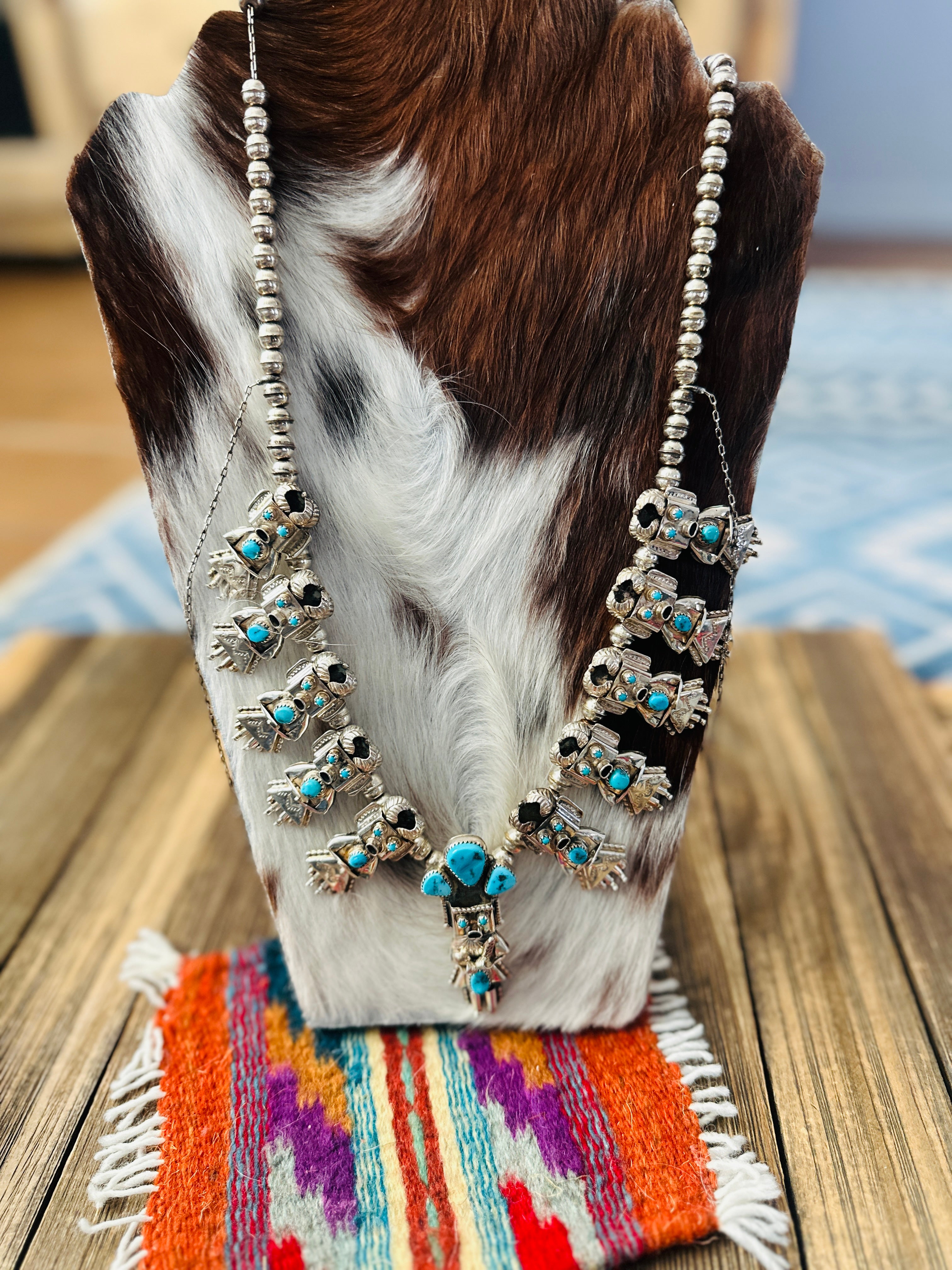 Old Pawn Handcrafted Turquoise & Sterling Silver Beaded Kachina Necklace by Doris Smallcanyon