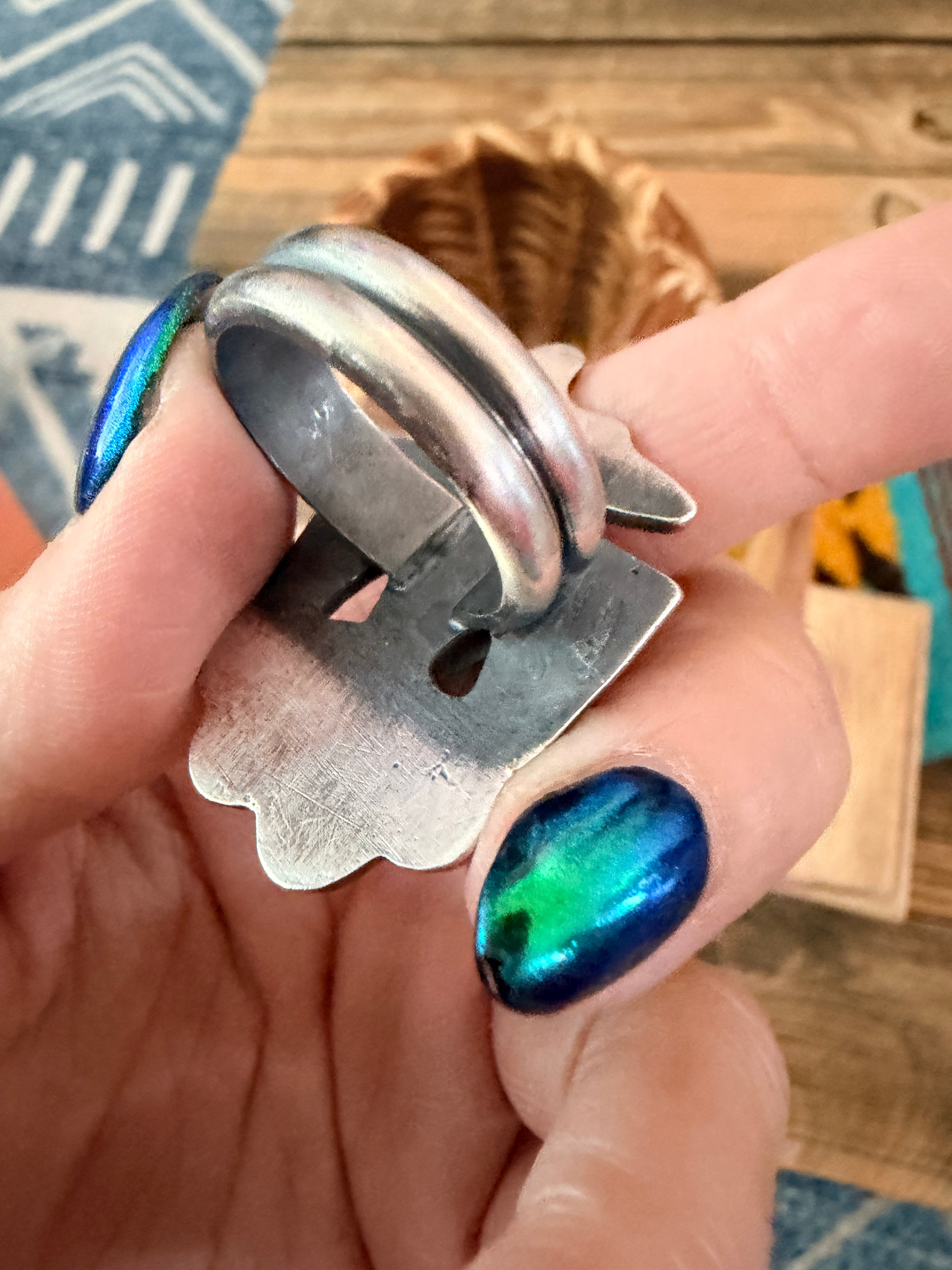 Handcrafted Golden Hills Turquoise and Sterling Silver Thunderbird Ring size 8.75 by Chimney Butte